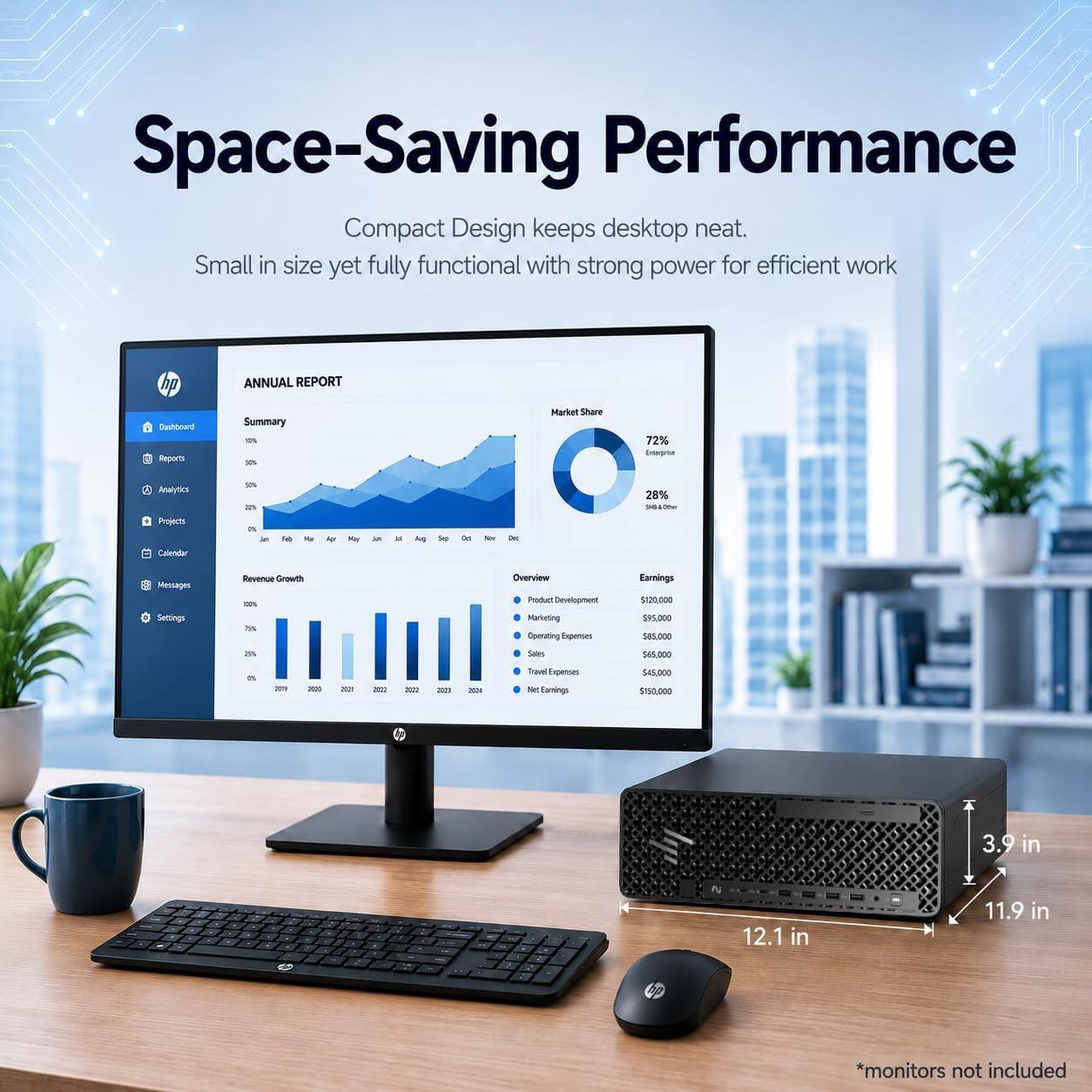 Space-Saving Performance  
Compact Design keeps desktop neat.  
Small in size yet fully functional with strong power for efficient work  

hp  
ANNUAL REPORT  
Dashboard Reports  
Summary 10% 50%  
Market Share  
72% Enterprise  
28% Small & Other  

Analytics Projects Calendar  
50% 22% 0%  
Feb Mar Apr May Jun Jul Aug Sep Oct Nov  

Revenue Growth 100% 75%  
Overview  
Product Development Marketing Operating Expenses  
Earnings $120,000 $95,000 $85,000  
Sales $65,000  

2019 2020 2021 2022 2023 2024  

Travel Expenses Net Earnings  
$45,000 $150,000  

3.9 in  
12.1 in  
11.9 in  

*monitors not included