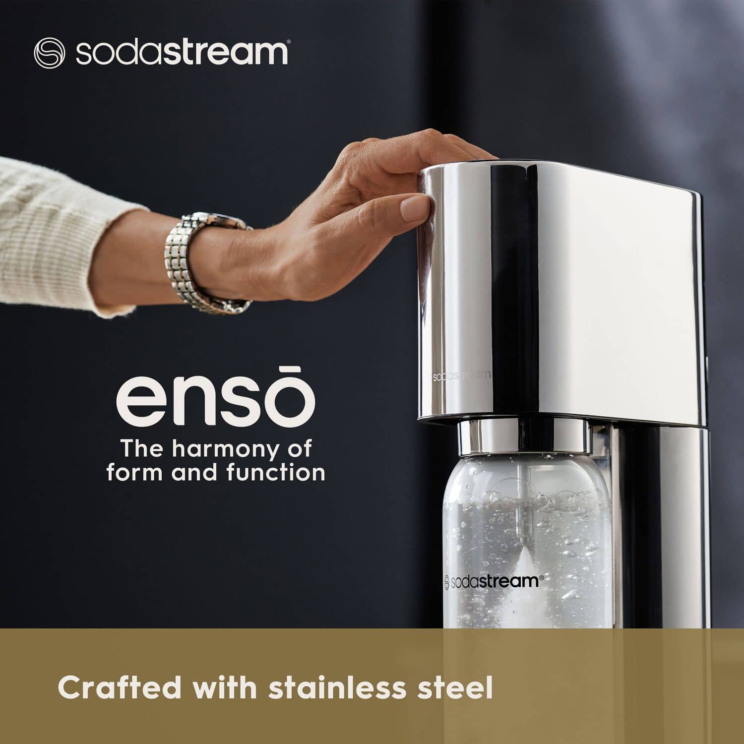 The harmony of form and function is achieved with sodastream enso, crafted with stainless steel.