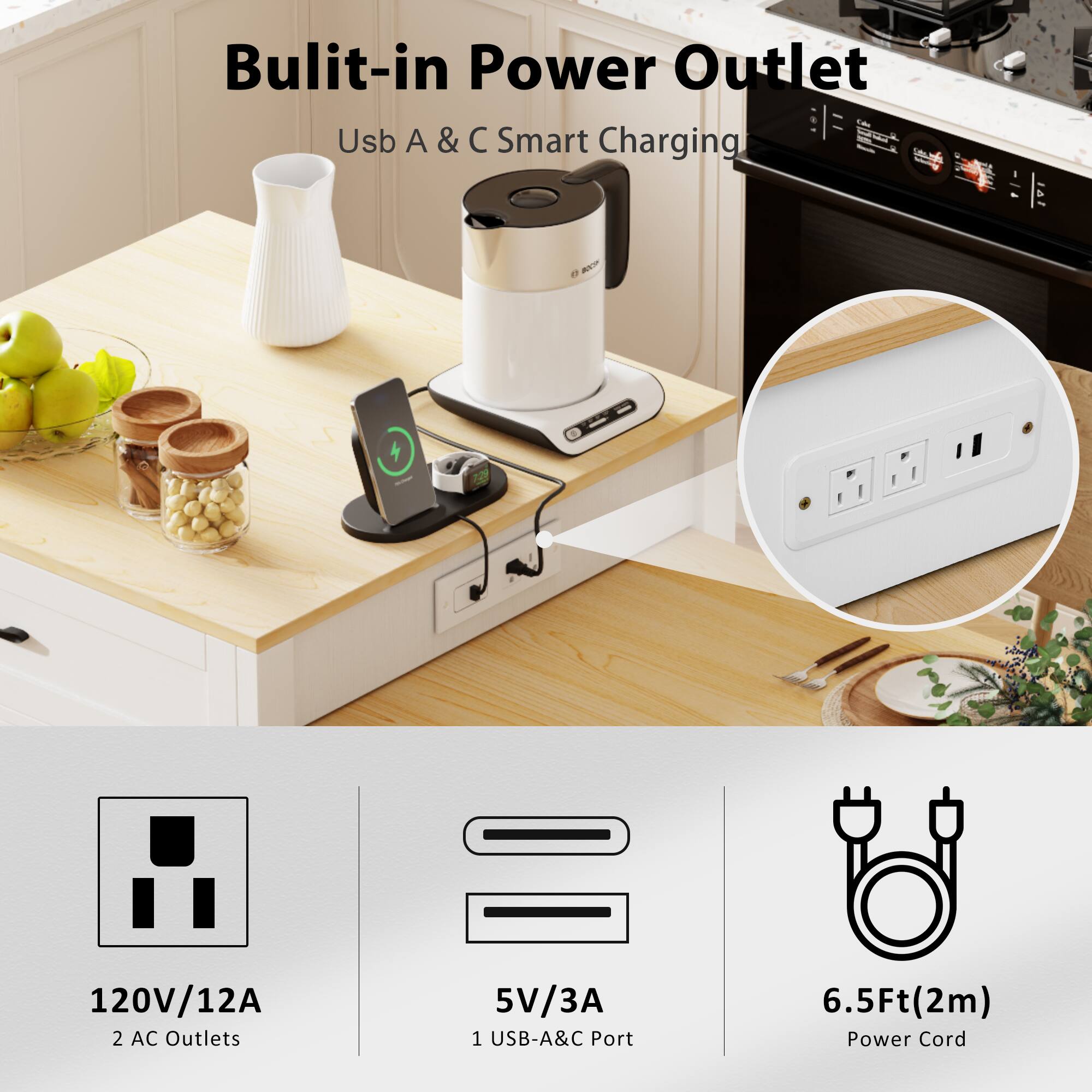 Builtin Power Outlet  
Usb A & C Smart Charging  

120V/12A  
2 AC Outlets  

5V/3A  
1 USB-A&C Port  

6.5Ft (2m) Power Cord