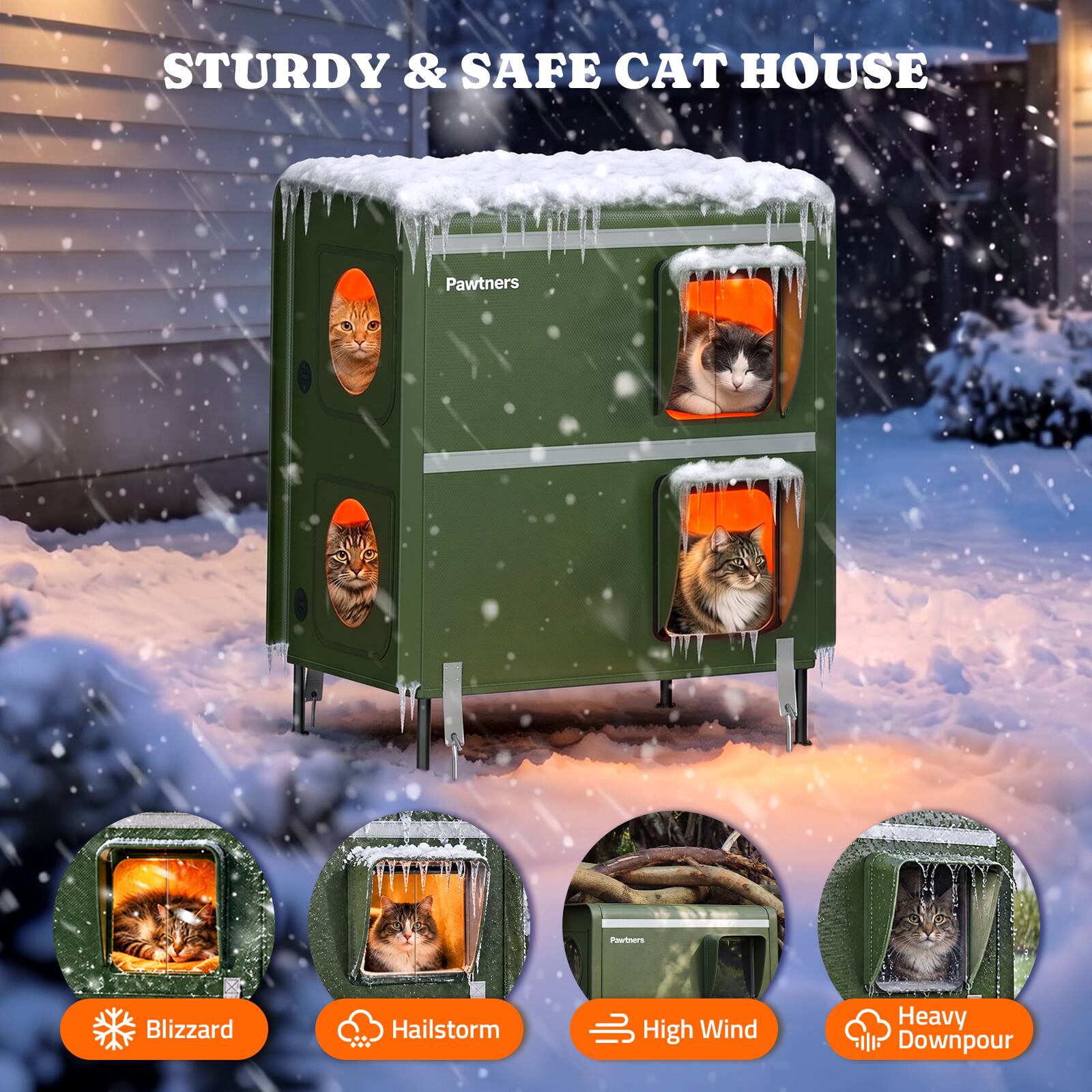 Pawtners 2 Story Heated Outdoor Cat House, XXL Insulated Weatherproof ...