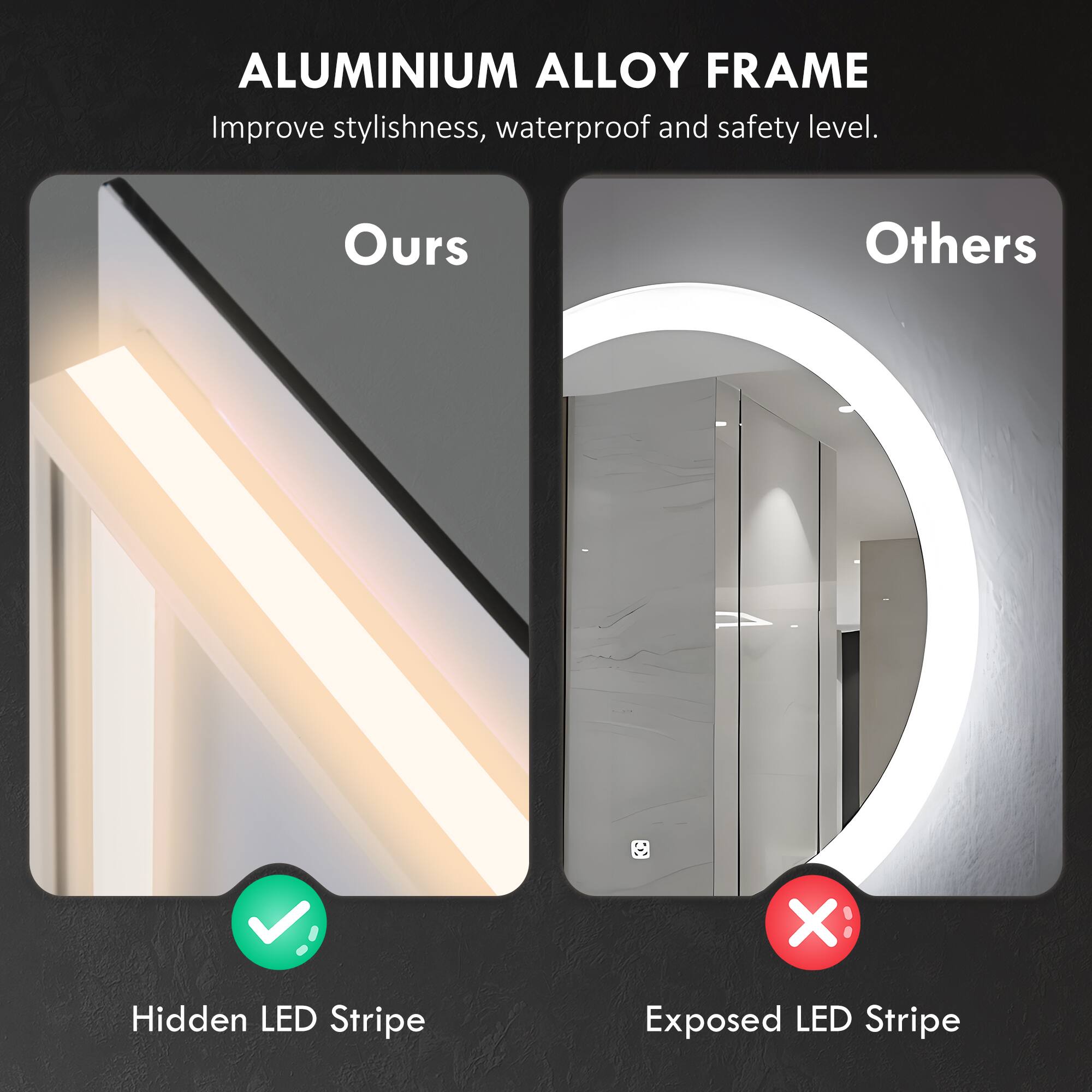 ALUMINIUM ALLOY FRAME
Improve stylishness, waterproof and safety level.

Ours
Others

✓ Hidden LED Stripe
✗ Exposed LED Stripe
