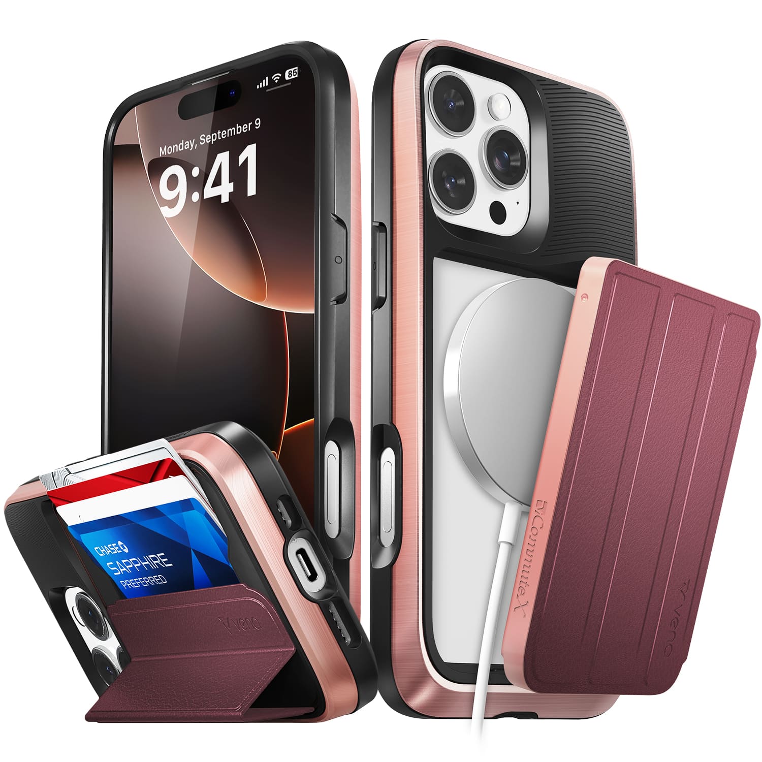 Vena - vCommuteX for Apple iPhone 16 Pro Max Case, Wallet Case Compatible with MagSafe, Leather Flip Cover with Card Slot - Red