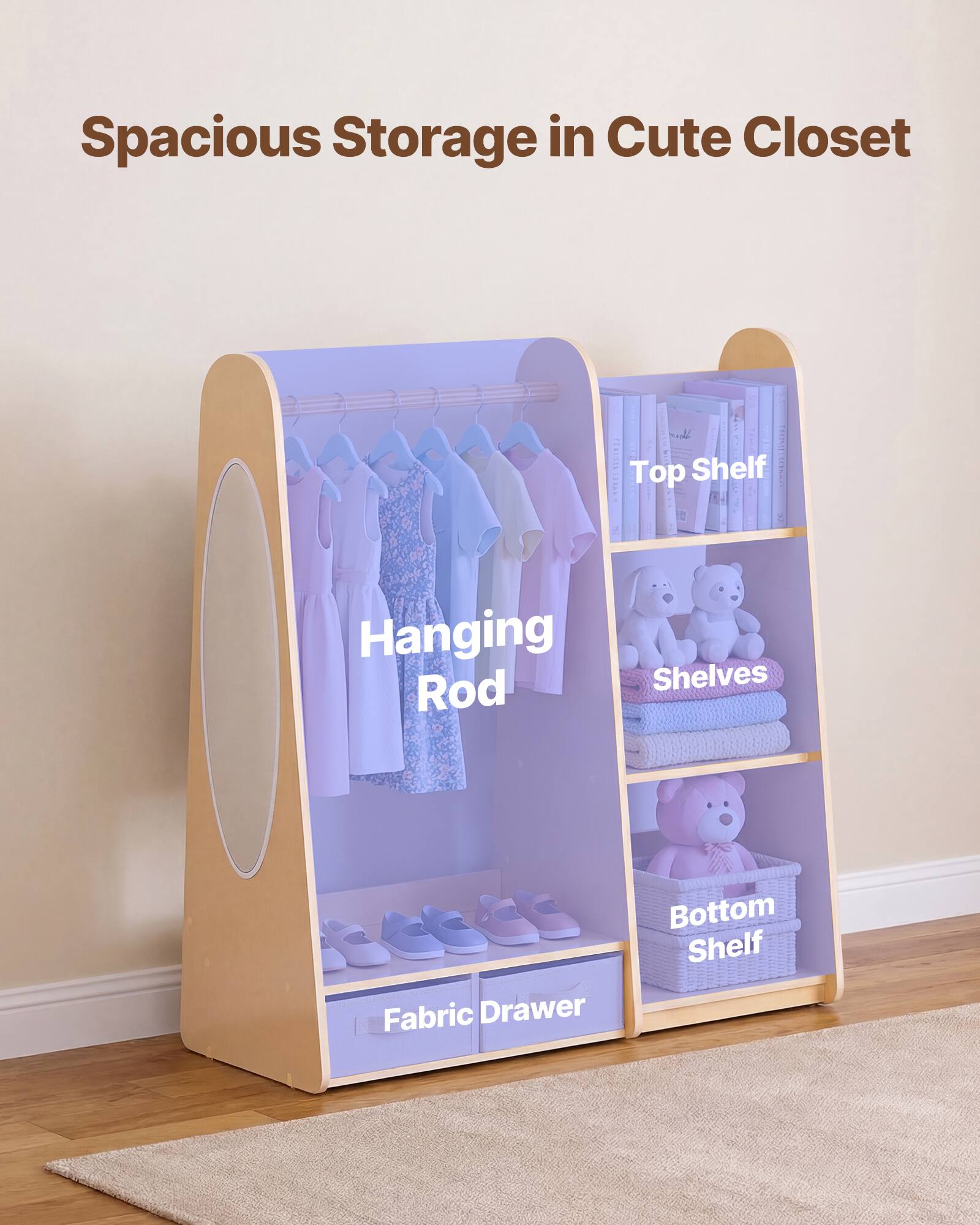 Spacious Storage in Cute Closet

- LI Shelf STANS Top
- Hanging Rod
- Shelves
- Fabric Drawer
- Bottom Shelf