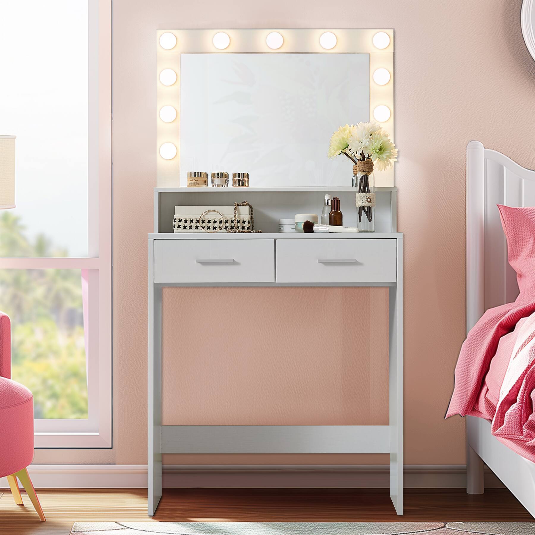 Front. Ecooso - Vanity Desk with Mirror and Lights, Makeup Vanity Table with Large Drawer, Multi-level Storage & Adjustable Brightness - White.