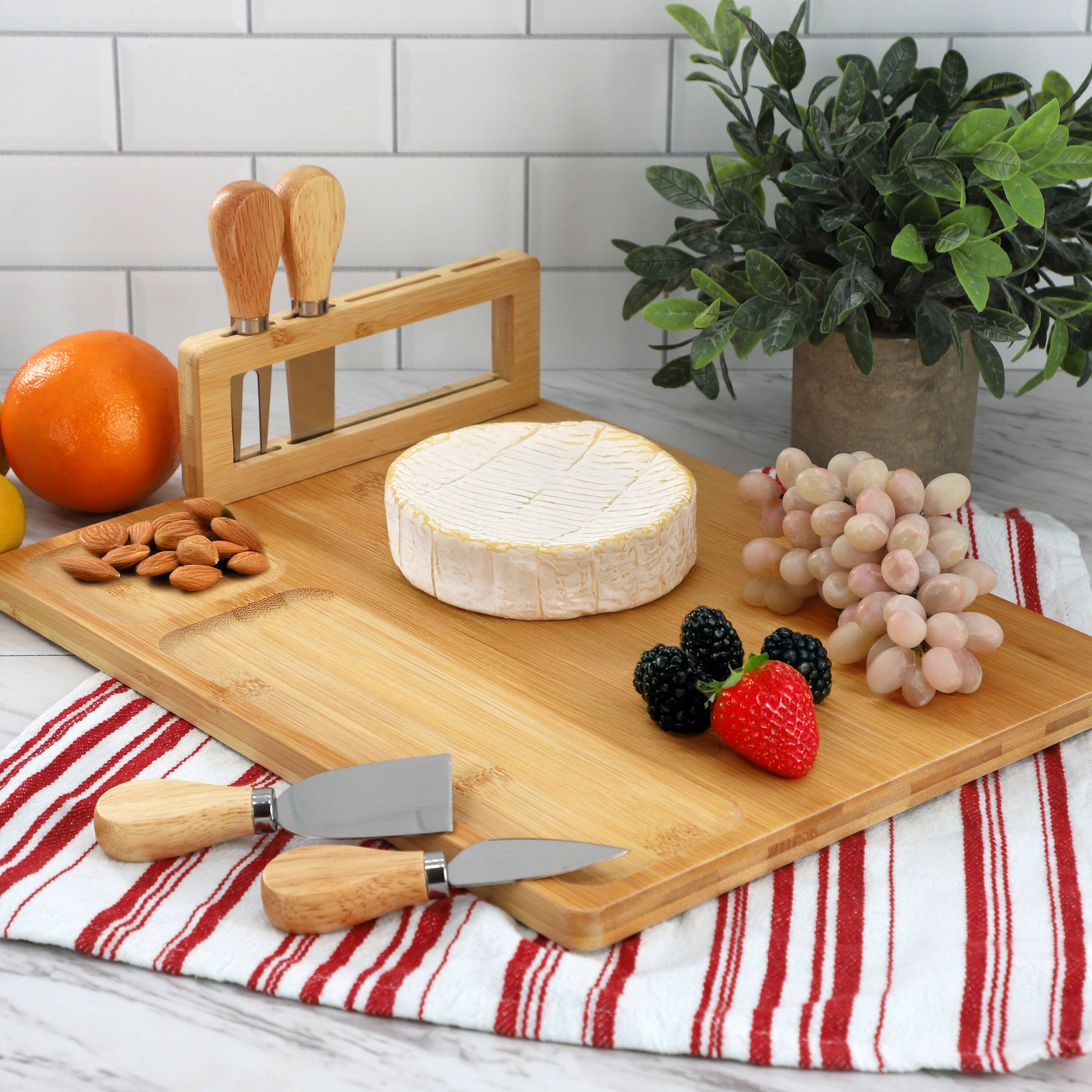 Alt View 7. MegaChef - MegaChef Bamboo Charcuterie and Cheese Board with Knife Stand Attachment and 4 Piece Knife Set - Brown.