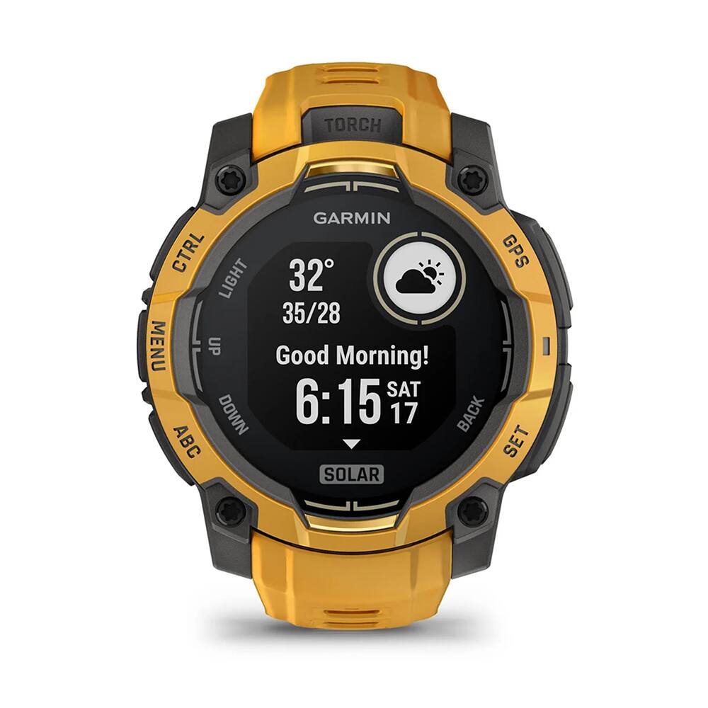 TORCH GARMIN CTRL GPS LIGHT 32 35/28 MENU E UP Good Morning! SAT DOWN 6:15 17 BACK ABC SET SOLAR