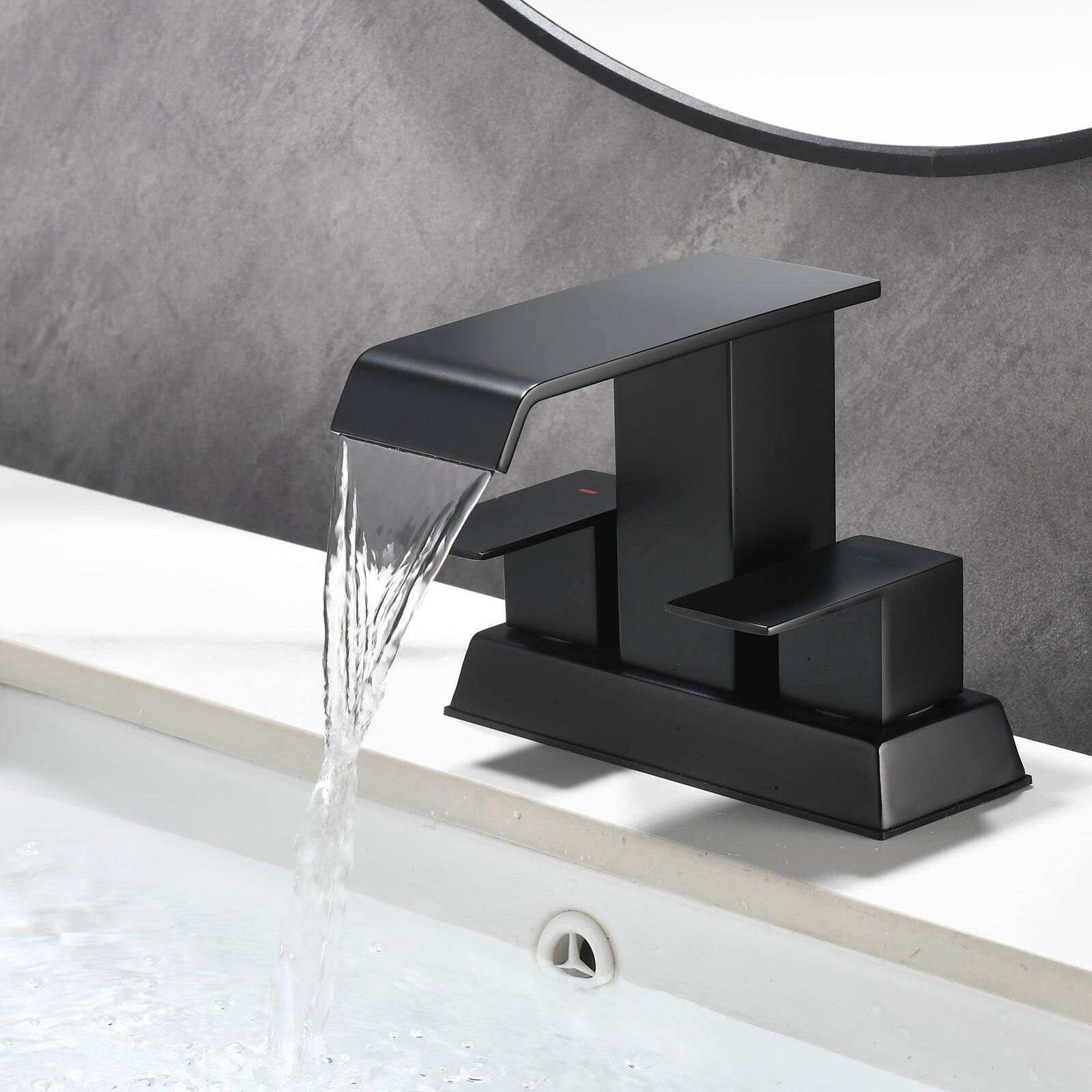 Alt View 3. Boyel Living - Black 4 Inch Centerset Faucet SUS304 Waterfall Spout 1.2GPM Dual Handle Pop Up Drain - Matte Black.