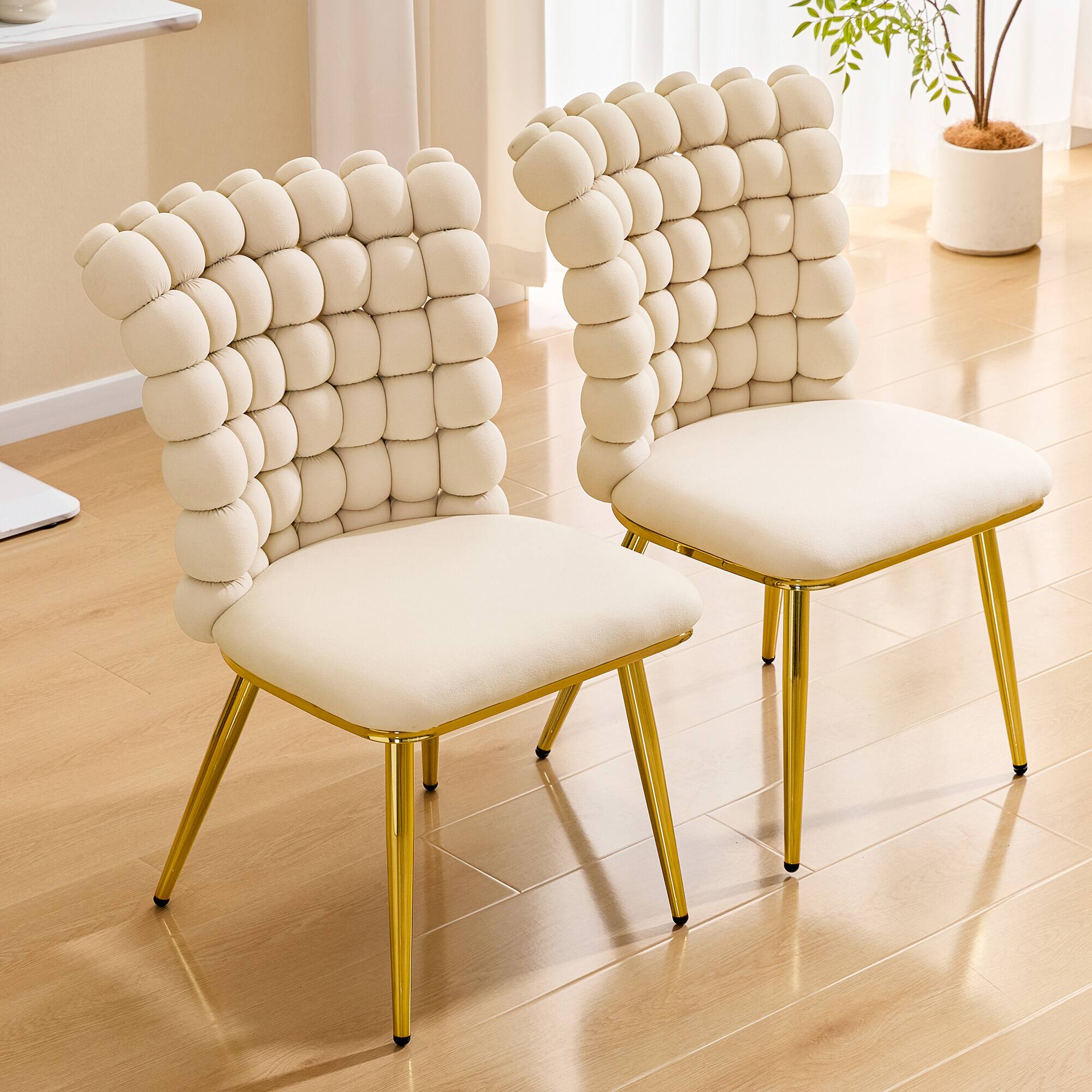 Angle. Loheer - Loheer Cream Dining Chairs 3.0 ft Tufted Velvet Accent Chair with Gold Metal Legs, Bubble Back Side Chair - Beige,Gold.
