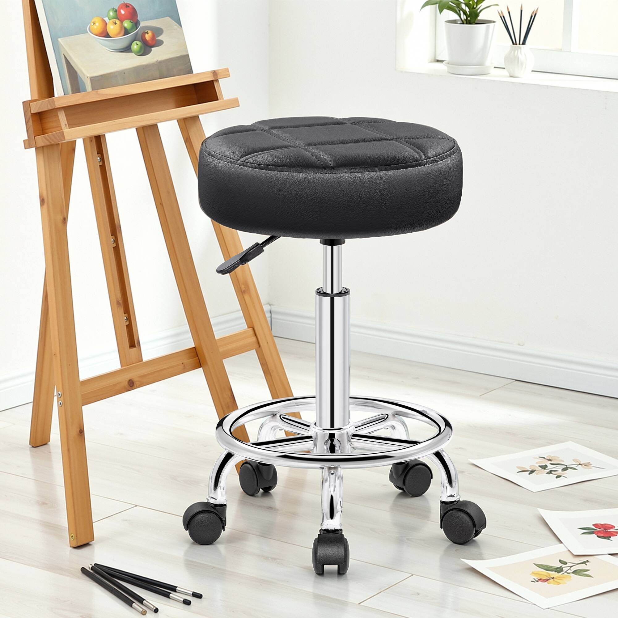 Alt View 1. Brick Attic - Rolling Stool with Wheels,PU Leather Small Office Chair with Foot Rest,Versatile Adjustable Swivel Stool for Office Home - Black.