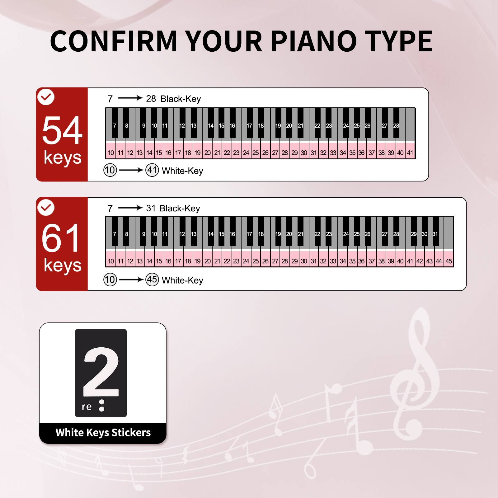 CONFIRM YOUR PIANO TYPE

54 keys
- 7 → 28 Black-Key
- 10 → 41 White-Key

61 keys
- 7 → 31 Black-Key
- 10 → 45 White-Key

2 re
White Keys Stickers