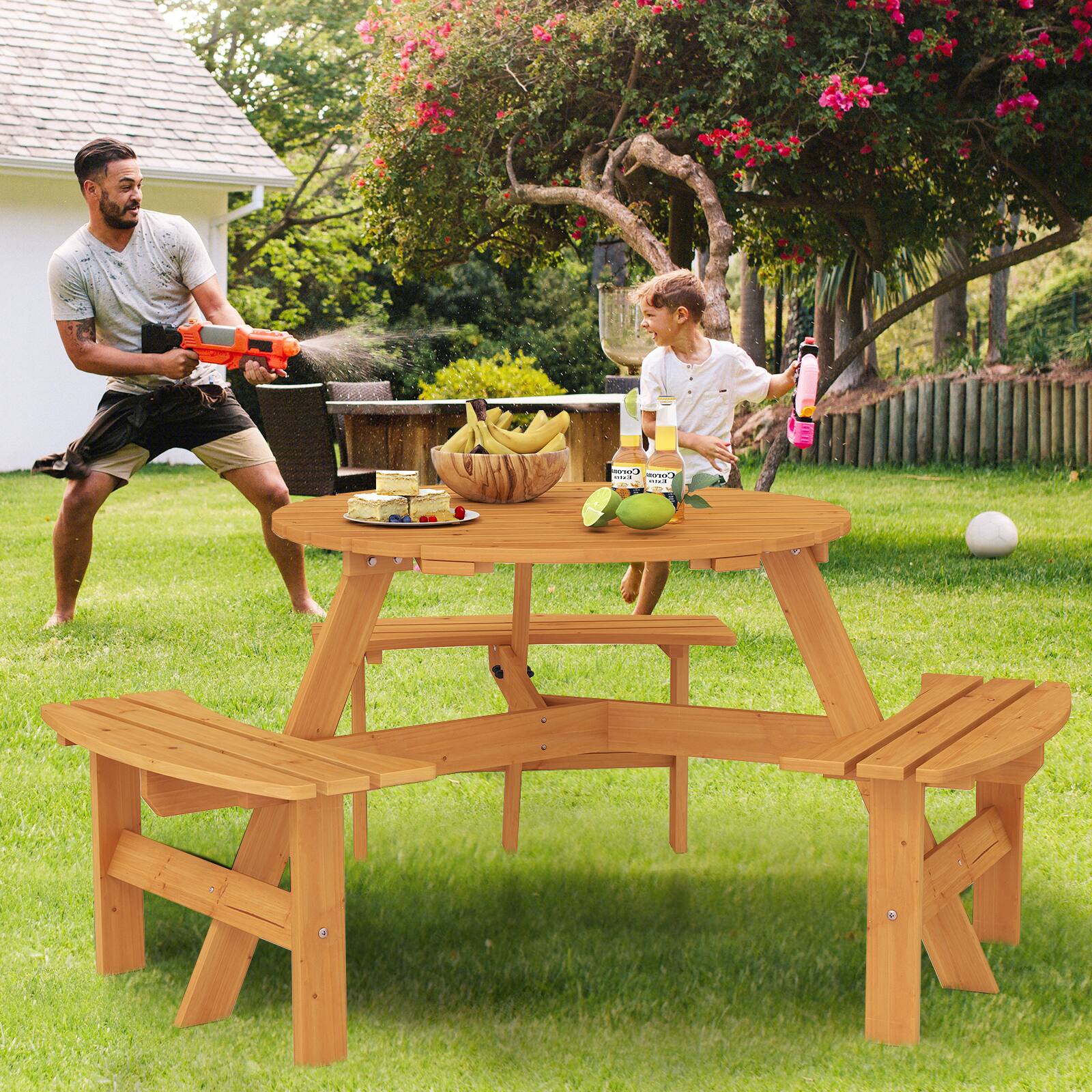 Alt View 3. Gymax - Gymax 6-Person Round Picnic Table Set w/ 3 Built-in Benches 2'' Umbrella Hole Yellow - Natural, Black.