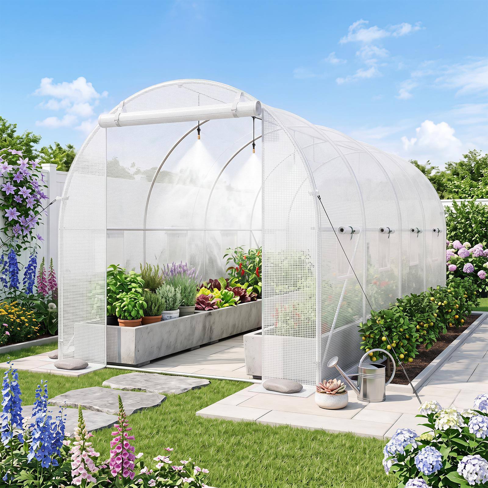 Alt View 1. Costway - Costway 15 x 7 x 7 ft Walk-in Tunnel Greenhouse with Watering System Galvanized Steel Frame.