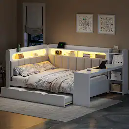 Whisen - Full-Size Daybed with Trundle, Storage Shelves, Desk, Charging Station, LED Lights & Upholstered Back - White
