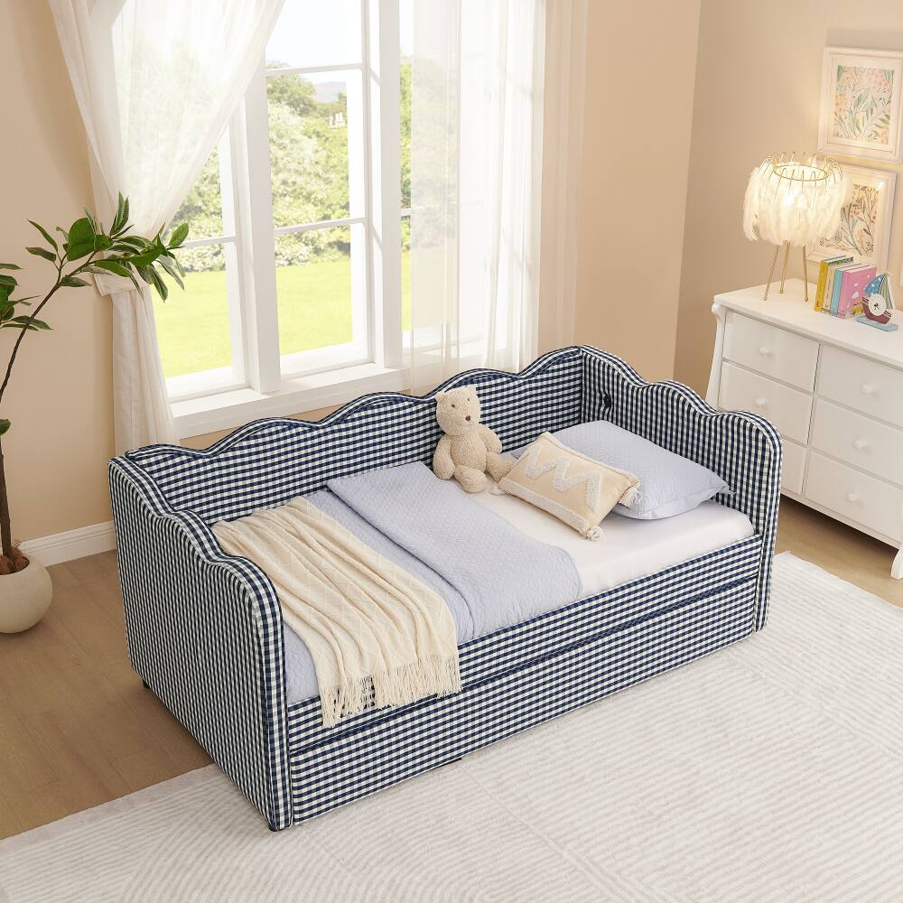 Alt View 8. JUJABU - Blue Cozy Gingham Daybed with Twin Size Trundle No Box Spring Needed, with USB Port and Adorable Wave Shaped - Blue.