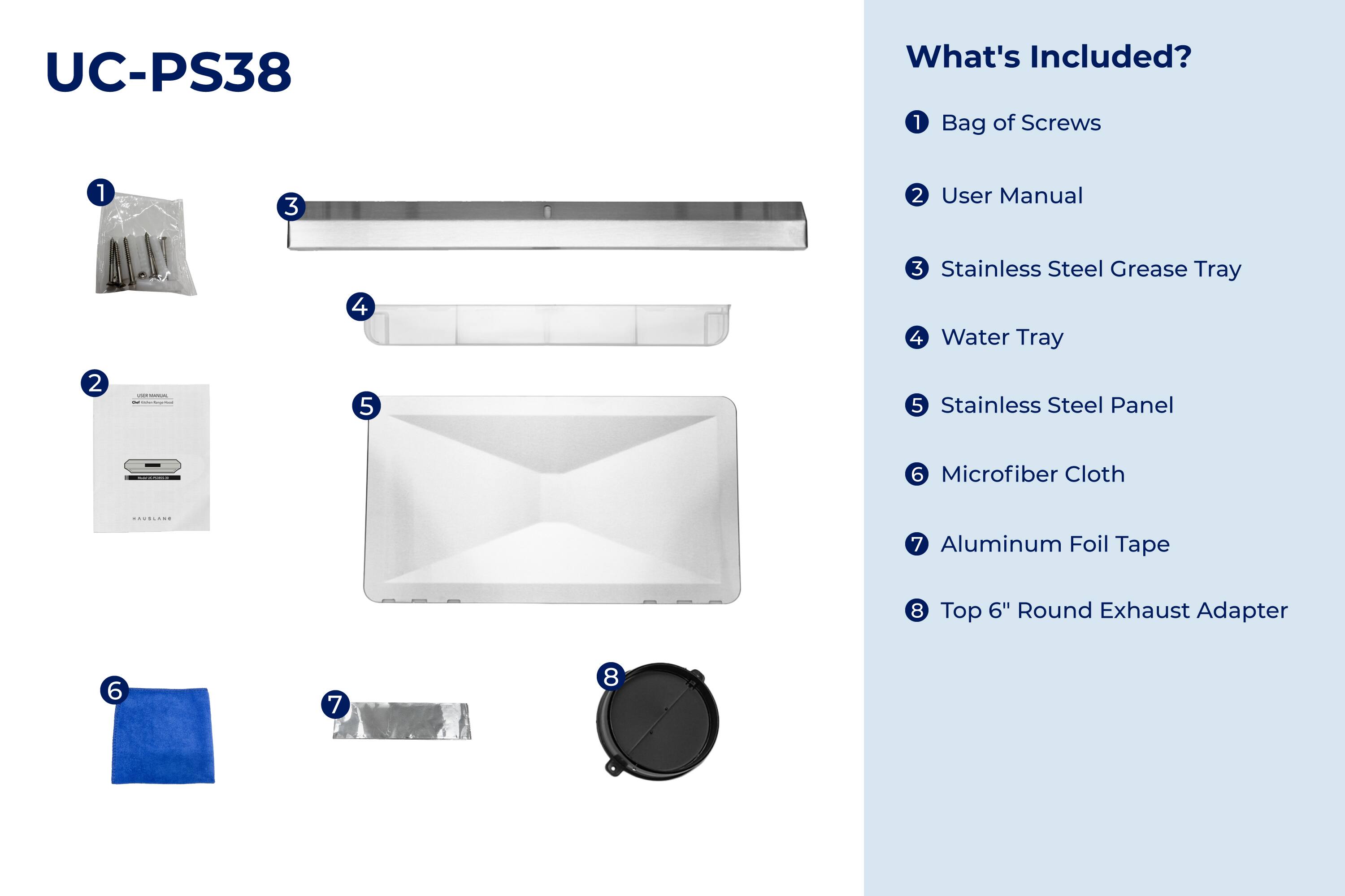 UC-PS38

What's Included?

1. Bag of Screws
2. User Manual
3. Stainless Steel Grease Tray
4. Water Tray
5. Stainless Steel Panel
6. Microfiber Cloth
7. Aluminum Foil Tape
8. Top 6" Round Exhaust Adapter
