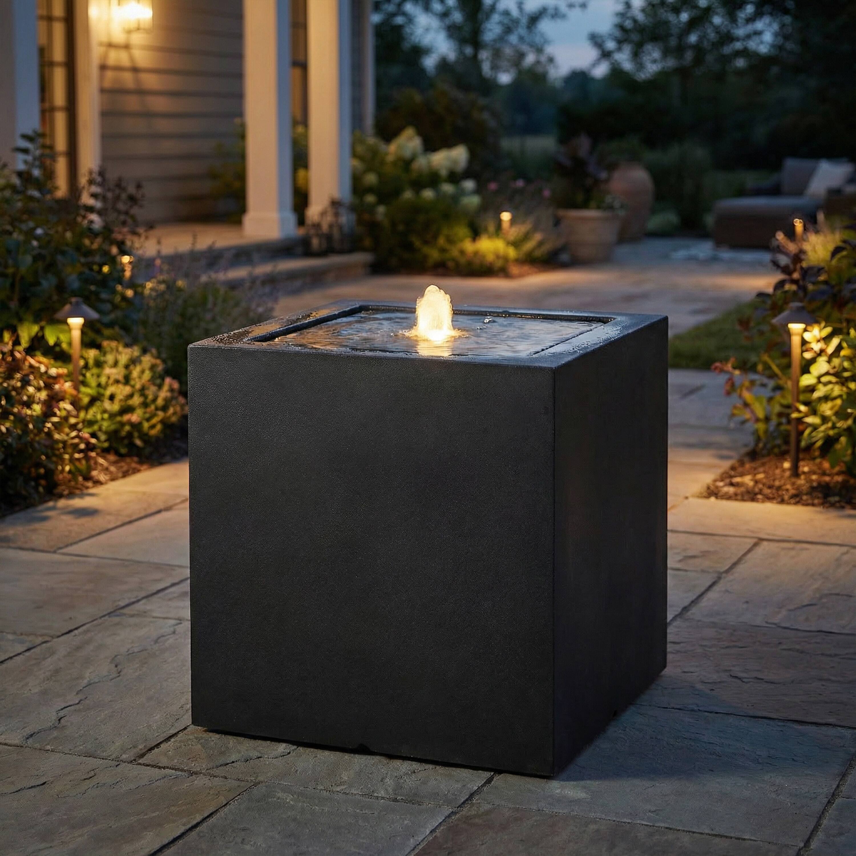 Alt View 9. Sunnydaze - Square Polystone Outdoor Bubble Fountain with LED Light - Black.