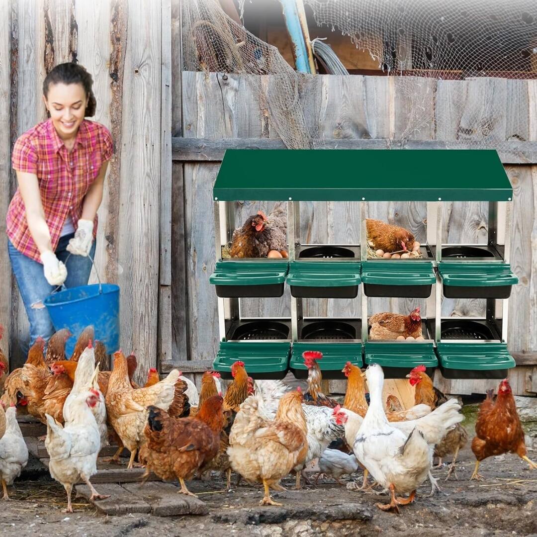 Left. GARVEE - Metal Chicken Nesting Boxes, 8-Compartment Nesting Boxes, Egg Laying Box with Roll Up Design Lid, Green.