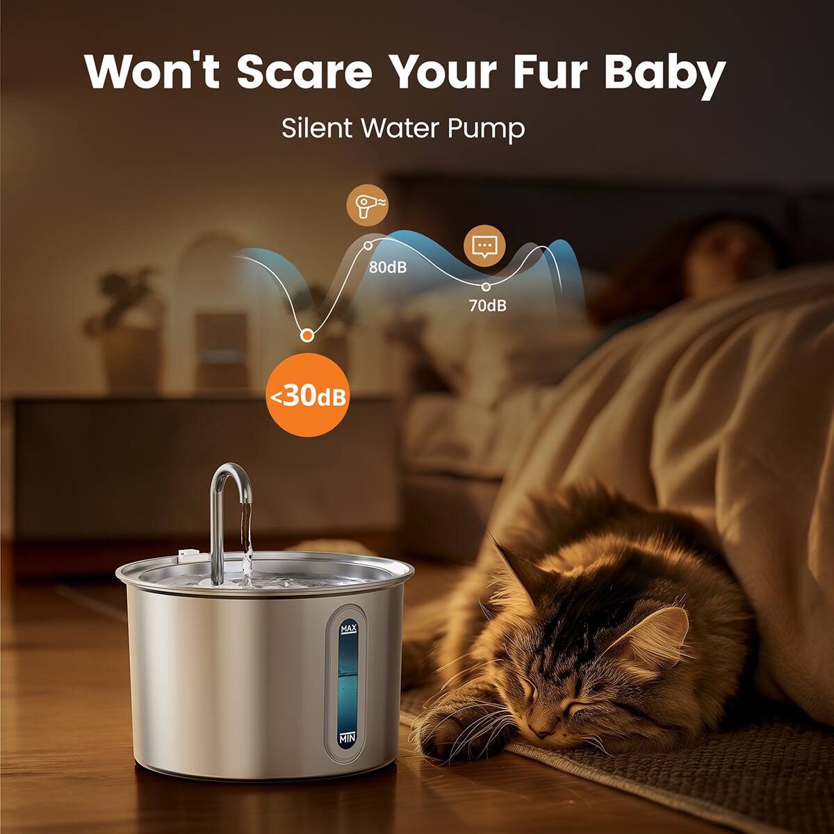 Won't Scare Your Fur Baby  
Silent Water Pump  

80dB  
70dB  
<30dB