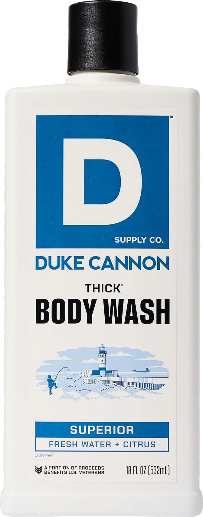 Duke Cannon Supply Co. Thick Body Wash Superior Fresh Water + Citrus. 18 FL OZ (532 mL). A portion of proceeds benefits U.S. veterans.
