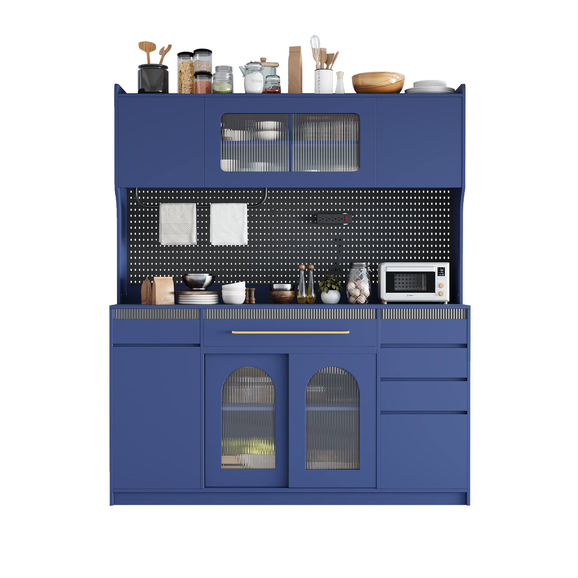 Angle. Whisen - 63" W Kitchen Buffet with Hutch, Storage Cabinet with Power Outlet, Drawers & Glass Doors for Dining - Blue.