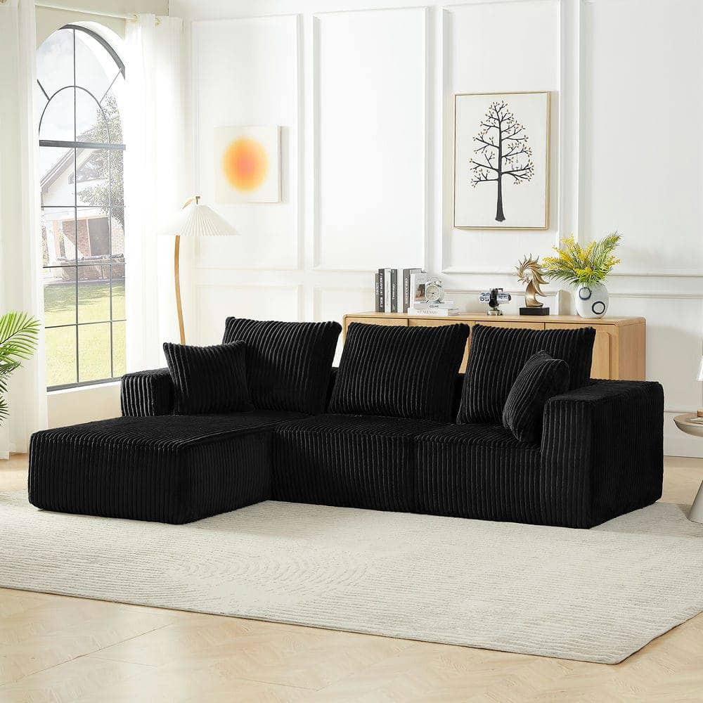 Kadyn - 4-Seater Modular Sectional Sofa, Left Chaise Cloud Couch with Corduroy Upholstery and Deep Seating, Black - Black