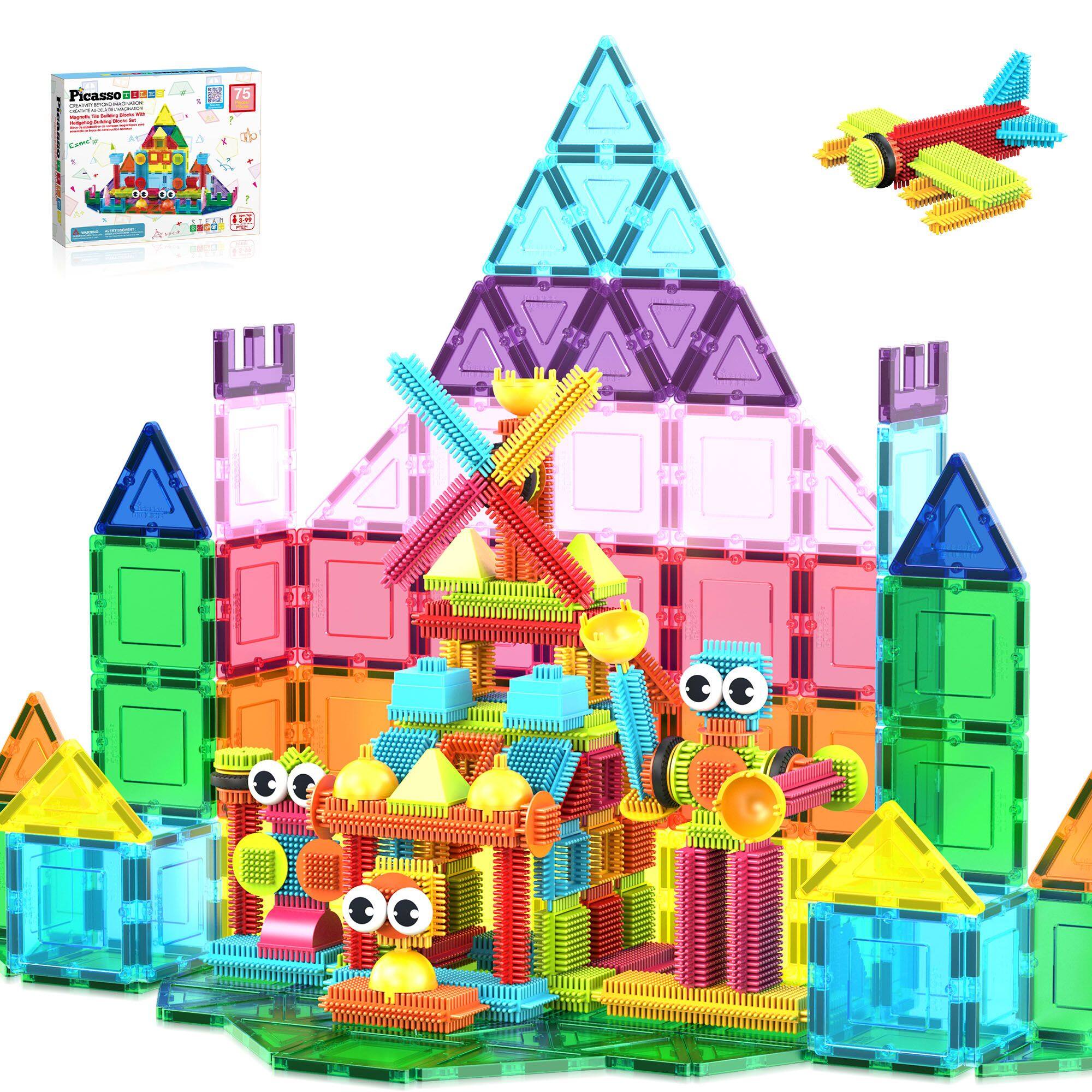 Photos - Construction Toy PicassoTiles - Magnetic Tiles & Hedgehog 2-in1 Interlocking Brush Connector Building Blocks Construction Set Toys for Kids