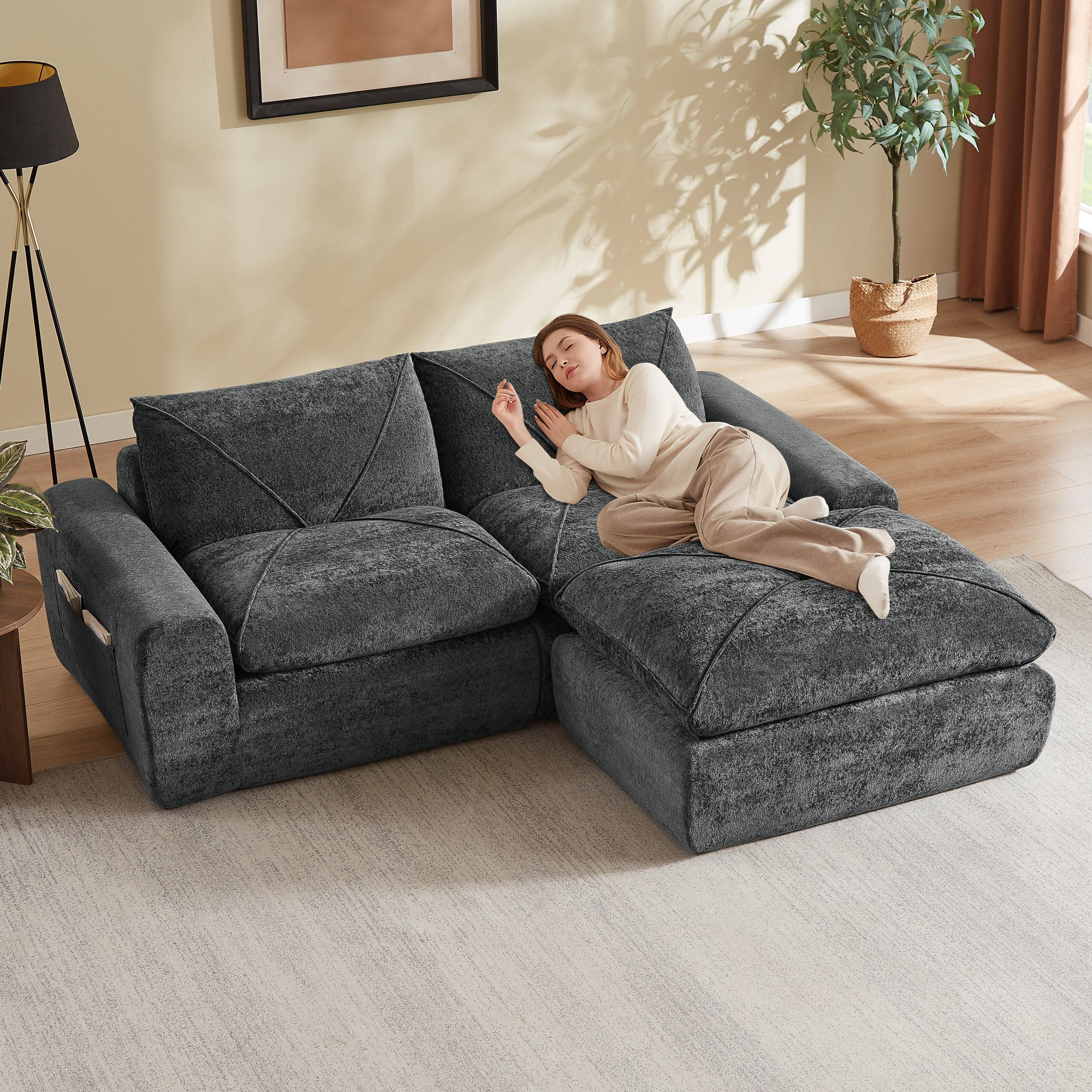 Left. Loheer - Loheer Chenille Sectional Sofa Modern Minimalist L Shaped Couch with Ottoman 85 Inch Apartment Combination Sofa - Dark Gray.