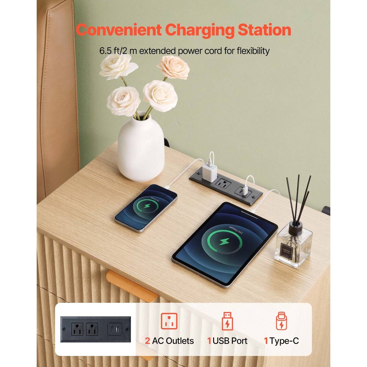 Convenient Charging Station  
6.5 ft/2 m extended power cord for flexibility  

75% Charger  

2 AC Outlets  
1 USB Port  
1 Type-C