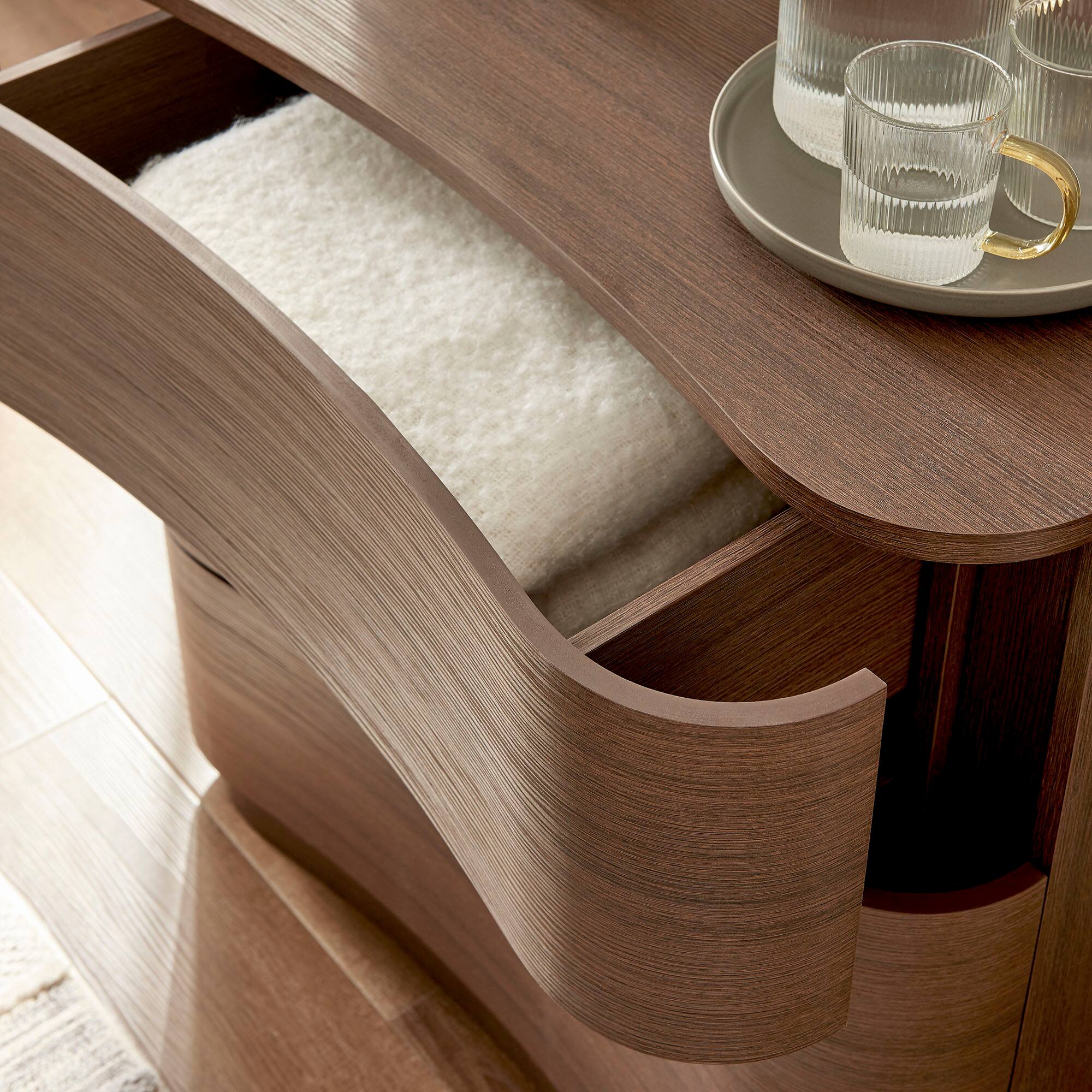 Alt View 1. Modway - Mirae 3-Drawer Curved Compact Dresser by Modway - Brushed Brown Oak.