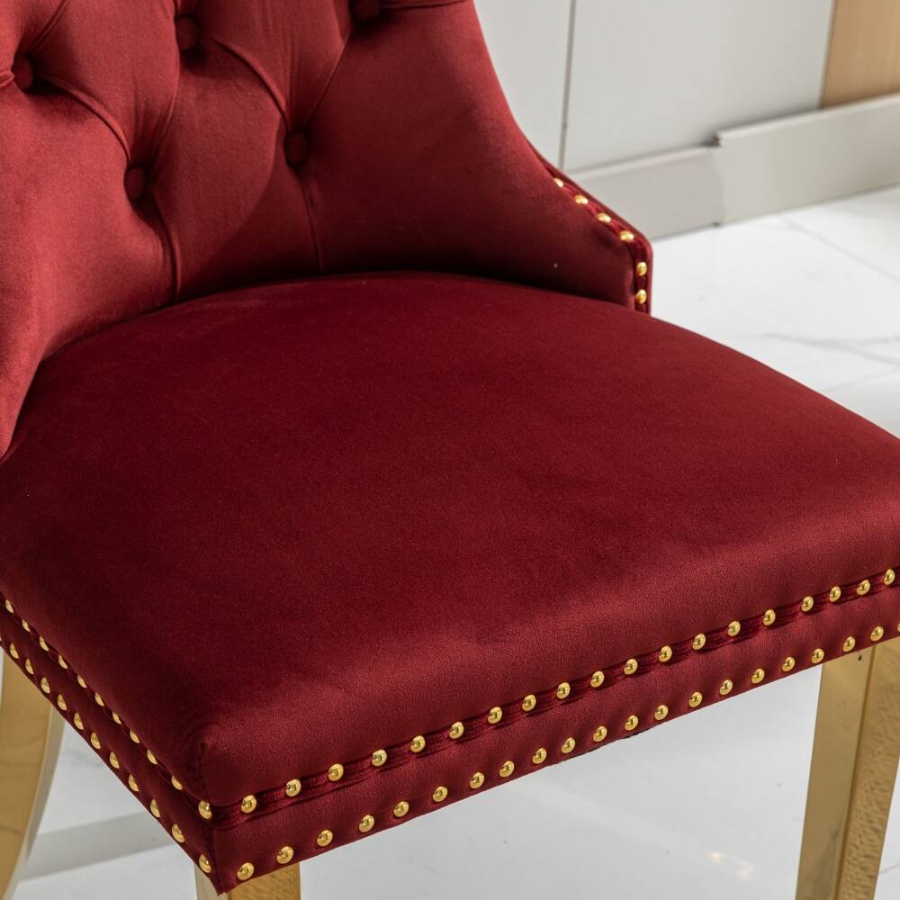 Alt View 7. Loheer - Loheer Velvet Dining Chairs Tufted Burgundy Upholstered Set of 2 with Gold Legs - Burgundy.