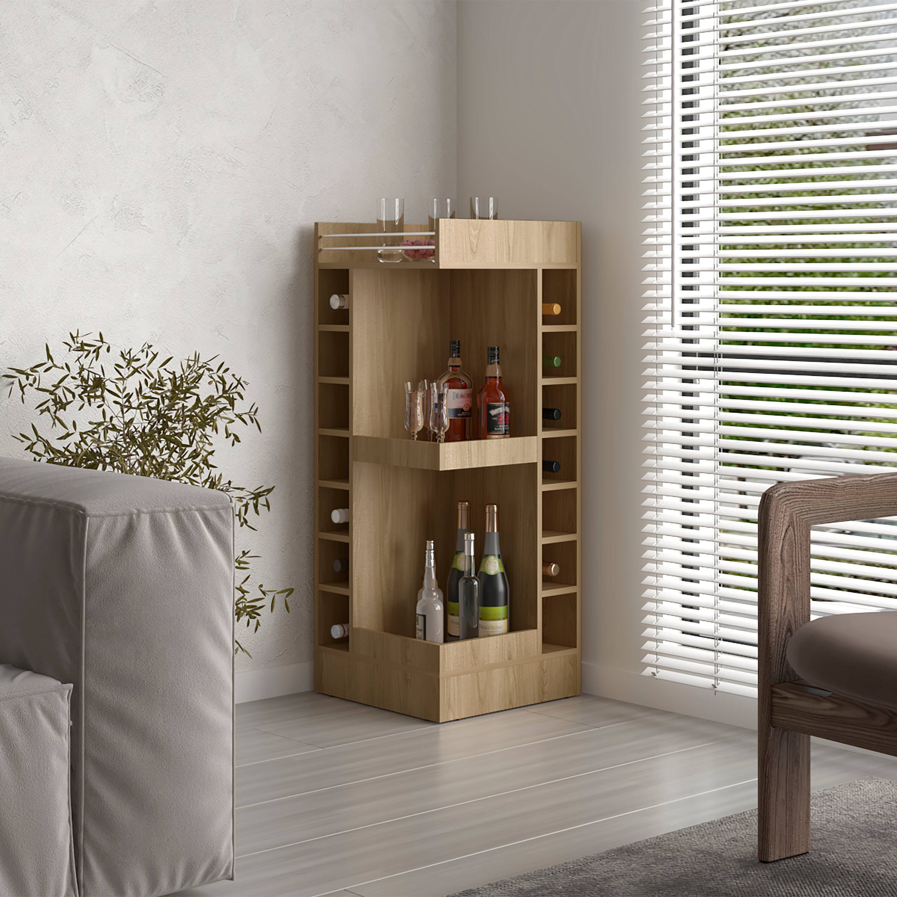 Angle. TuHome - Lyman Tall 3-Tier Corner Bar Cabinet with Fourteen Wine Bottle Cubbies, Living Room, Liquor Cabinet, Storage Cabinet - Natural Oak.