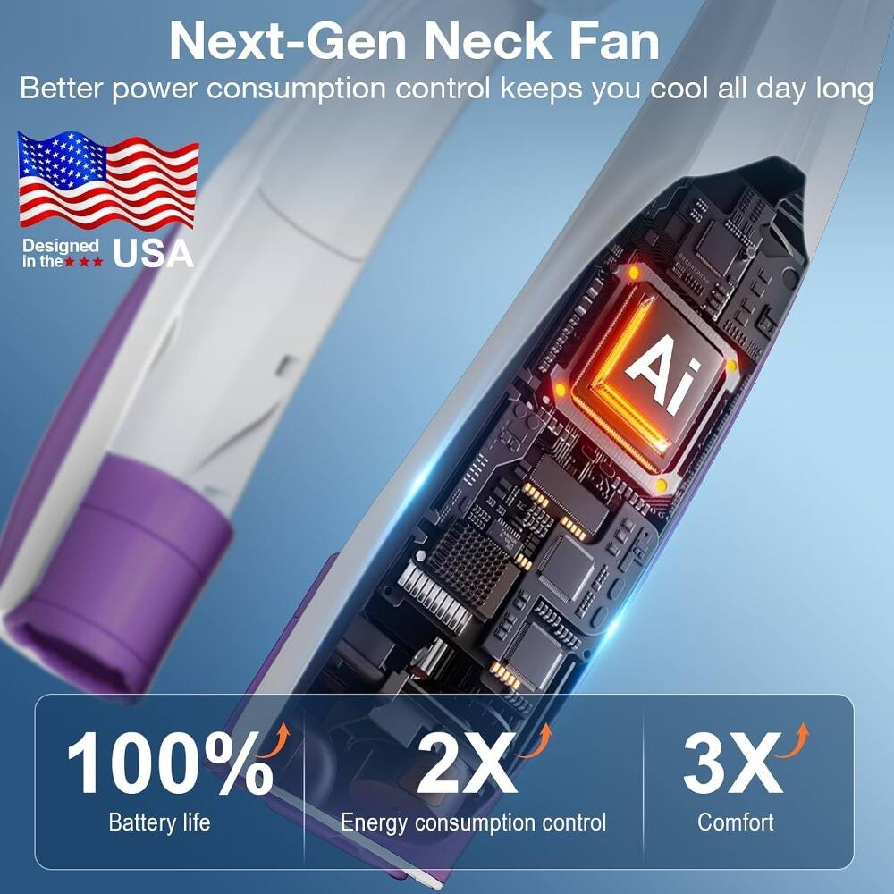 Next-Gen Neck Fan  
Better power consumption control keeps you cool all day long  
Designed in the USA  
100% Battery life  
2X Energy consumption control  
3X Comfort