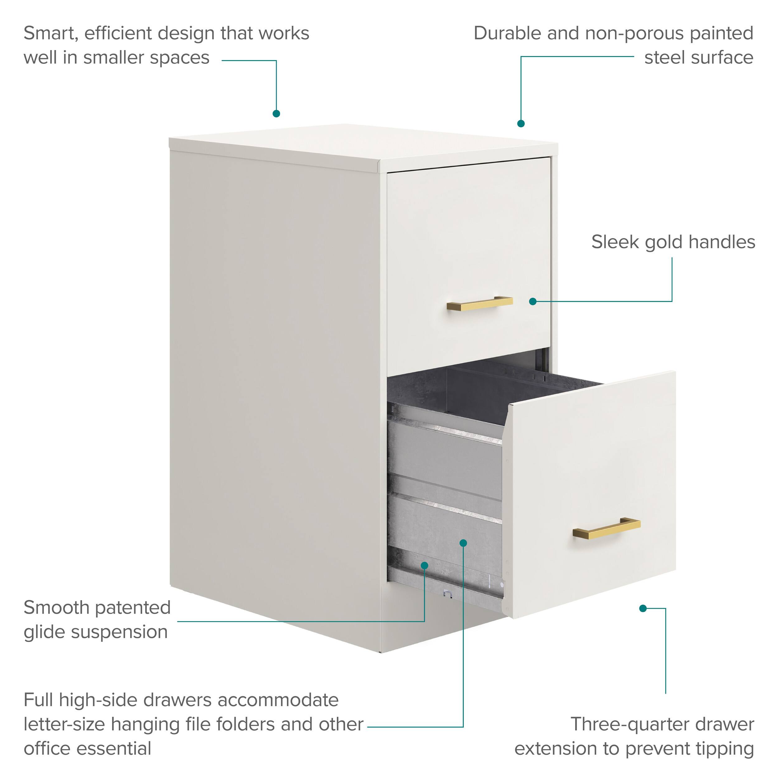 Smart, efficient design that works well in smaller spaces  
Durable and non-porous painted steel surface  
Sleek gold handles  
Smooth patented glide suspension  
Full high-side drawers accommodate letter-size hanging file folders and other office essentials  
Three-quarter drawer extension to prevent tipping