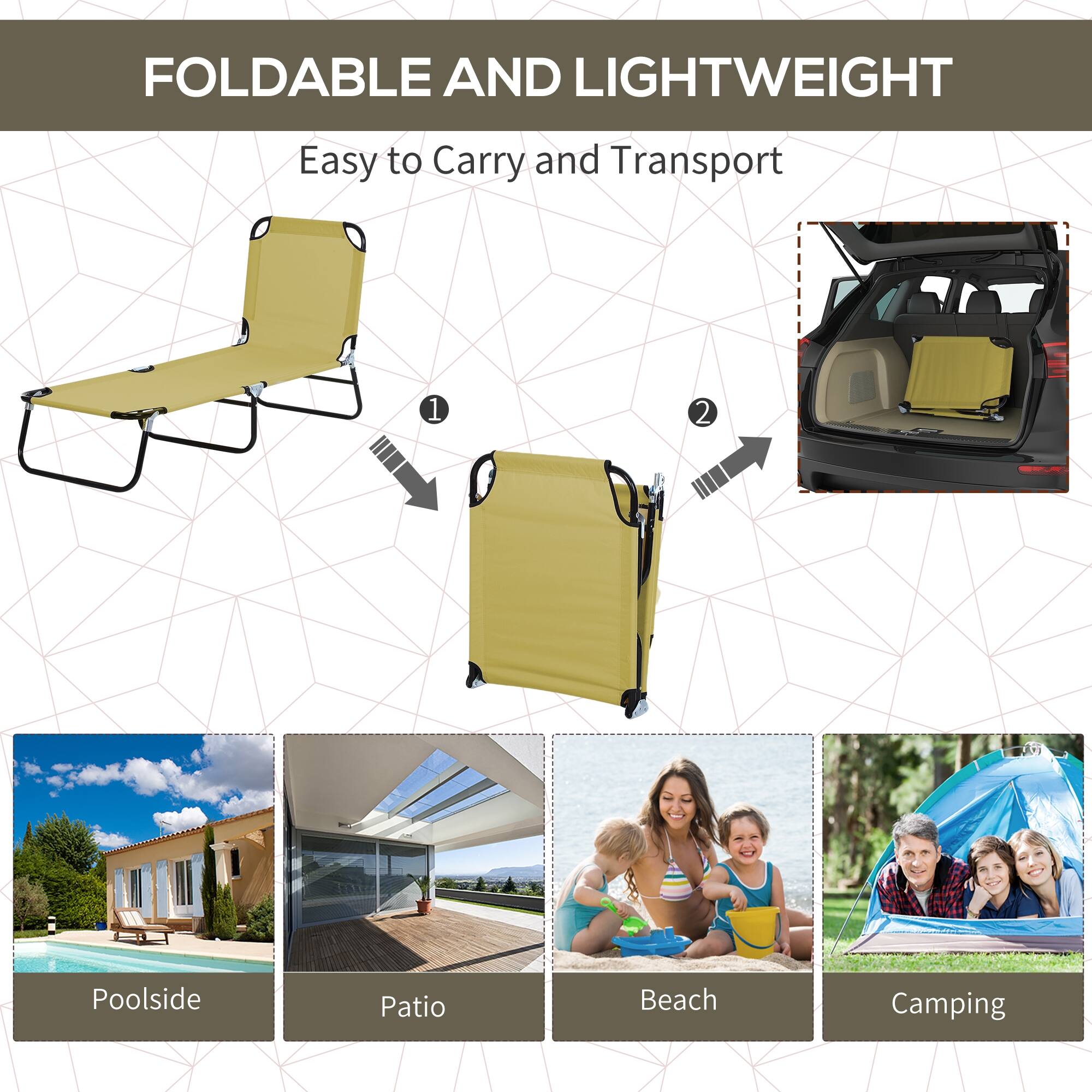 FOLDABLE AND LIGHTWEIGHT  
Easy to Carry and Transport  

1. Poolside  
2. Patio  
3. Beach  
4. Camping