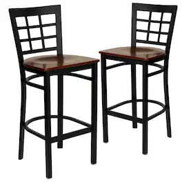 Emma + Oliver - 2 Pack Window Back Metal Restaurant Barstool - Mahogany Wood Seat/Black Metal Frame