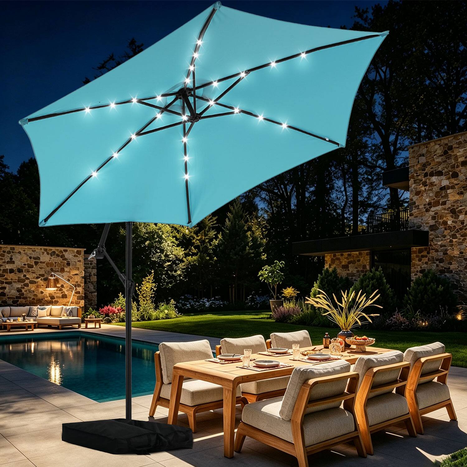 Alt View 5. Ainfox - Ainfox 10FT Outdoor Patio Cantilever Umbrella Hanging Offset with Cross Base  Sand Bags & 24 LED Solar Lights - Blue.