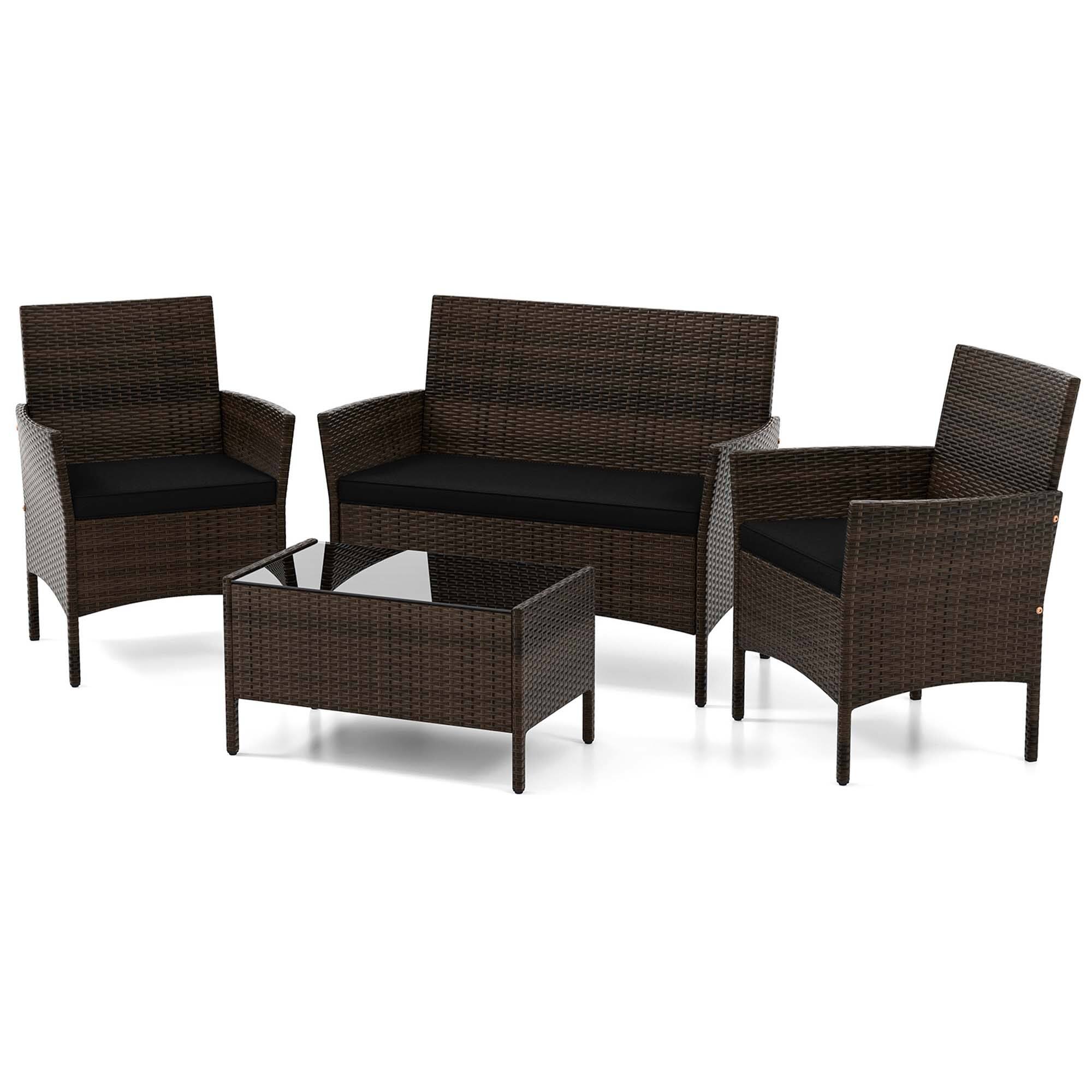 Alt View 1. Costway - 4 PCS Patio Furniture Set with Washable Cushions and Tempered Glass Coffee Table - Black + Mix Brown.