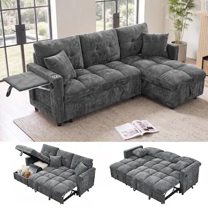 Front. Anysun - Convertible Plush Sectional Sleeper Sofa with Pull-Out Couch Bed, Cloud Couch with Storage Chaise & USB Charging - Grey.
