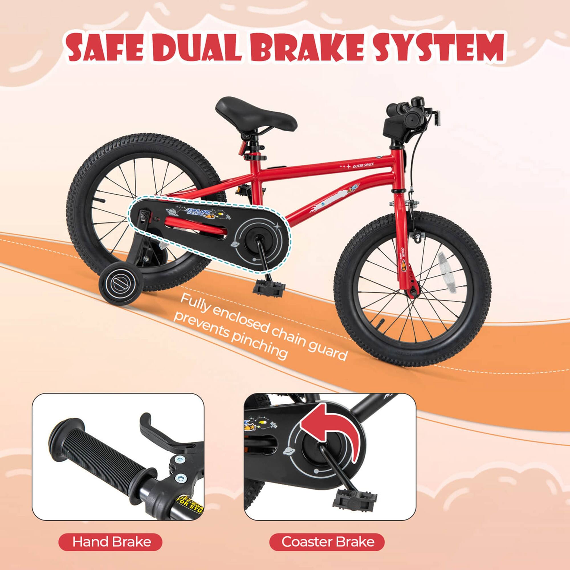 SAFE DUAL BRAKE SYSTEM

Fully enclosed chain guard prevents pinching

Hand Brake

Coaster Brake
