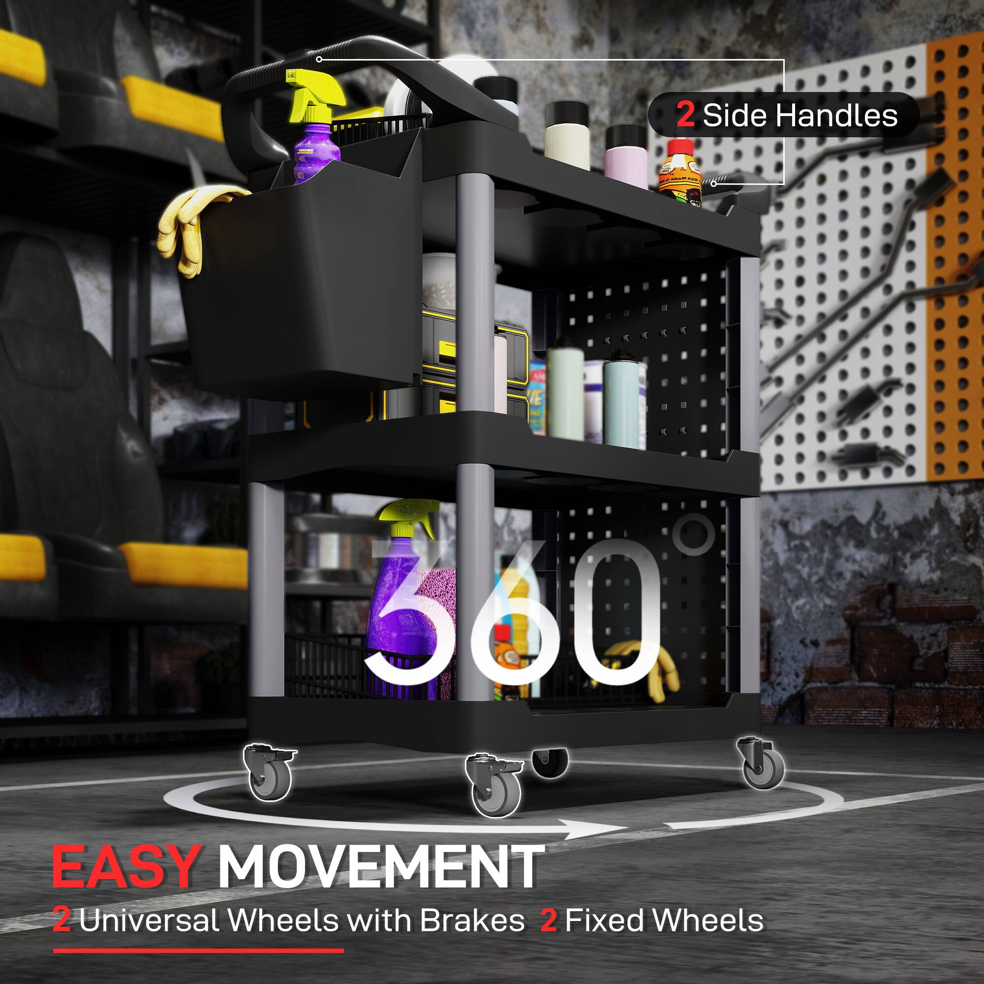 2 Side Handles - 360 EASY MOVEMENT 2 Universal Wheels with Brakes 2 Fixed Wheels