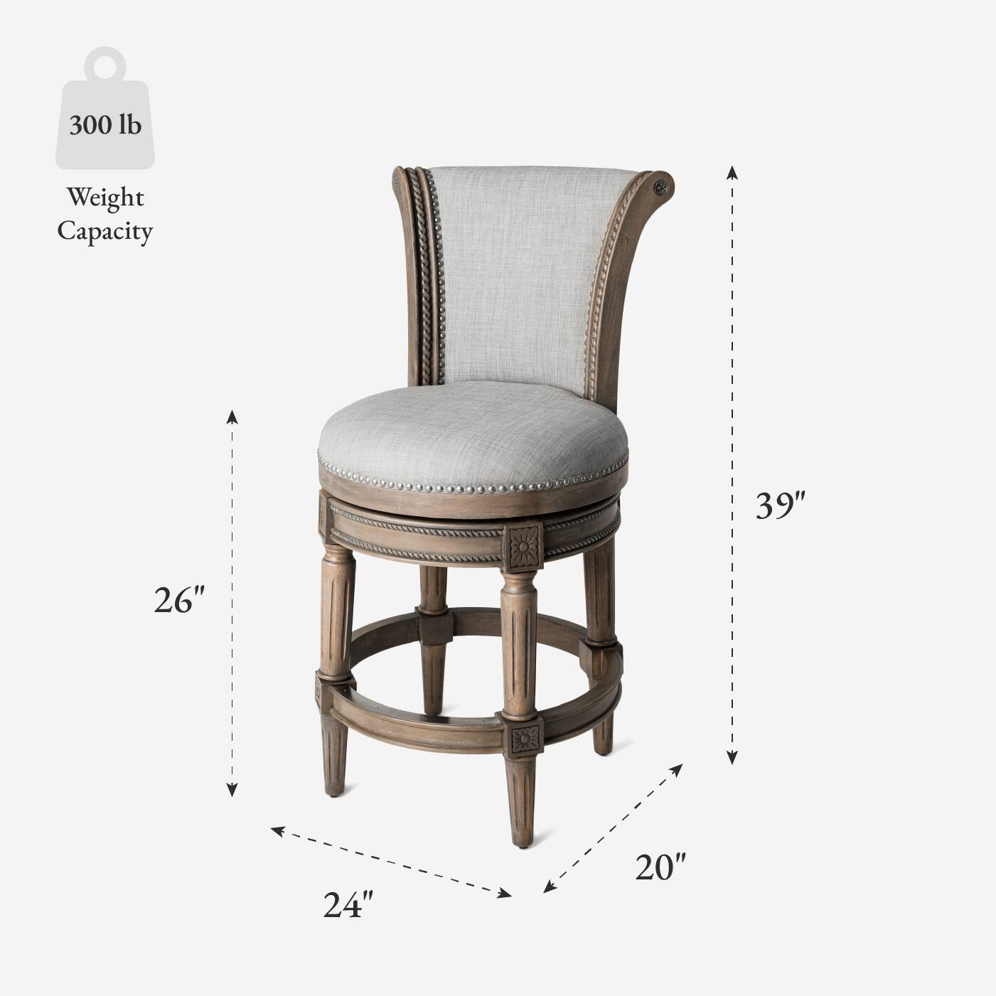 300 lb Weight Capacity

Dimensions:
- Height: 39"
- Width: 26"
- Depth: 24"
- Seat Height: 20"