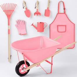 Best Choice Products - Kids Wheelbarrow Gardening Tool Set 8 Piece with Metal Tools, Apron, Gloves Ages 3+ - Pink/Pink