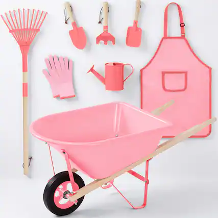 Front. Best Choice Products - Best Choice Products Kids Wheelbarrow Gardening Tool Set 8 Piece with Metal Tools, Apron, Gloves Ages 3+ - Pink/Pink - Pink/Pink.
