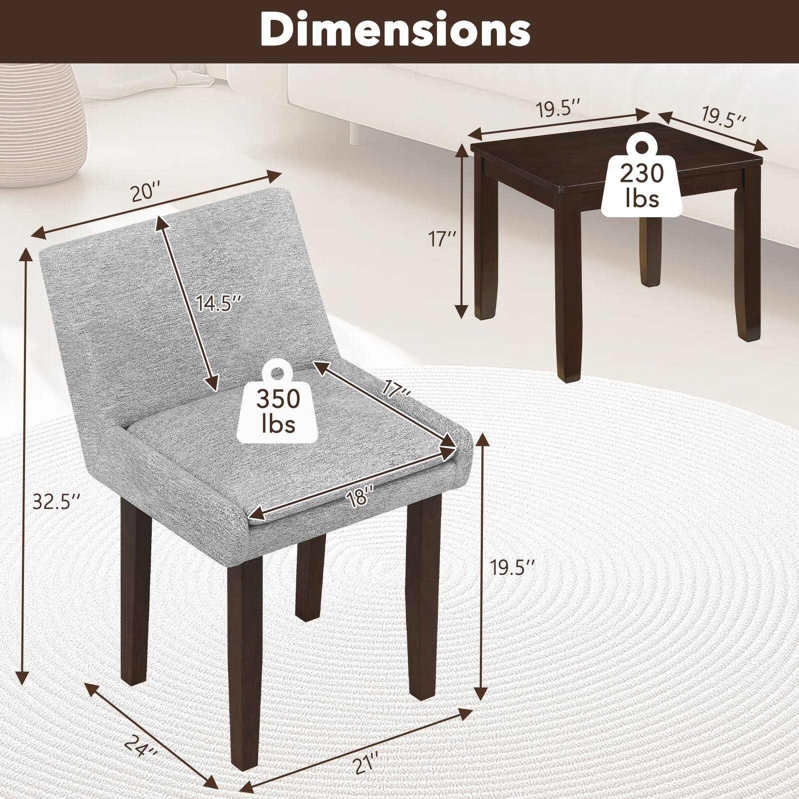 Dimensions:

- Chair:
  - Width: 20"
  - Depth: 19.5"
  - Height: 32.5"
  - Seat Height: 17"
  - Seat Width: 14.5"
  - Seat Depth: 18"
  - Weight Capacity: 350 lbs

- Table:
  - Width: 19.5"
  - Depth: 19.5"
  - Height: 17"
  - Weight Capacity: 230 lbs