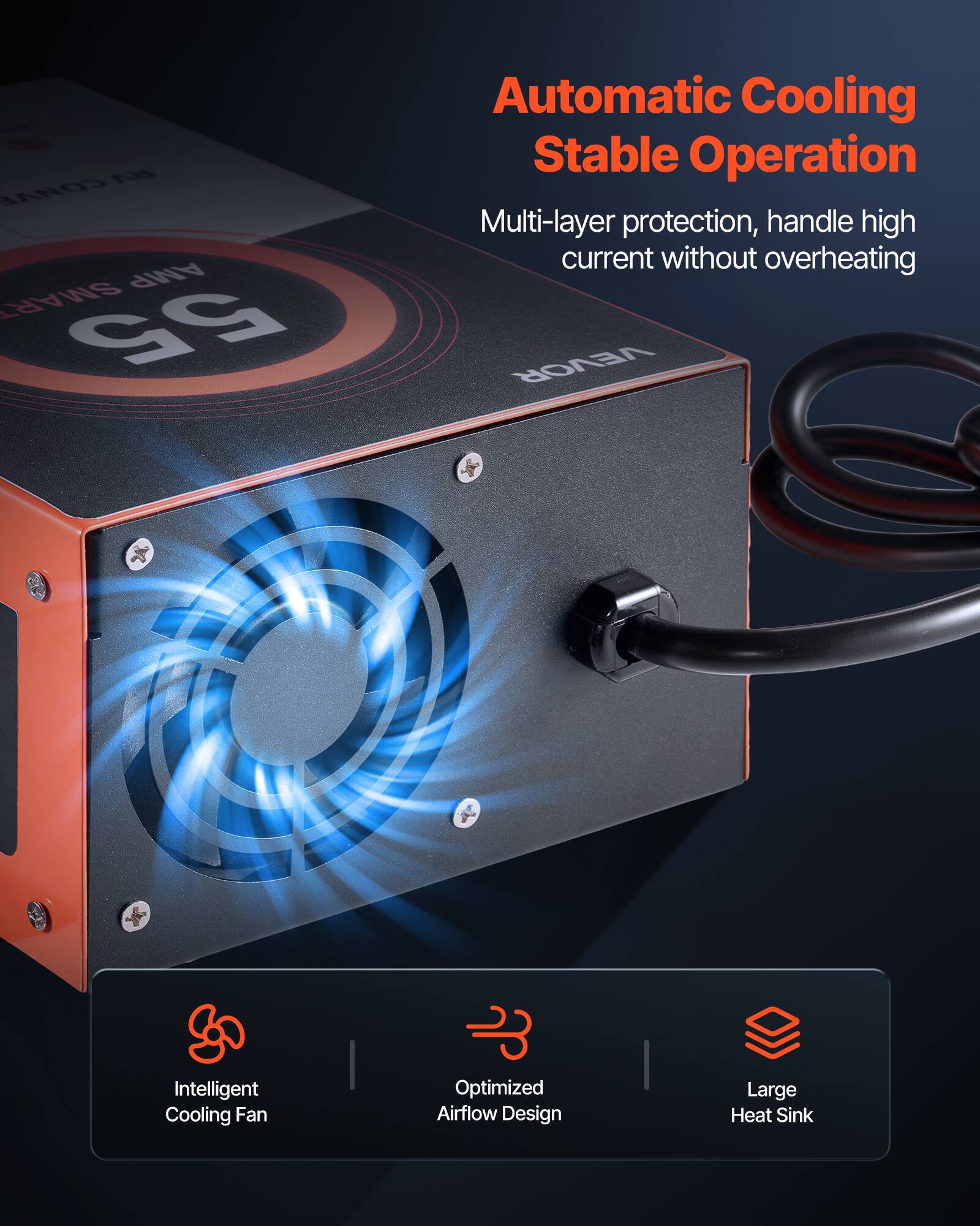 RV CONVE AMP SMART 55

Automatic Cooling Stable Operation
Multi-layer protection, handle high current without overheating

VEVOR

Intelligent Cooling Fan
Optimized Airflow Design
Large Heat Sink