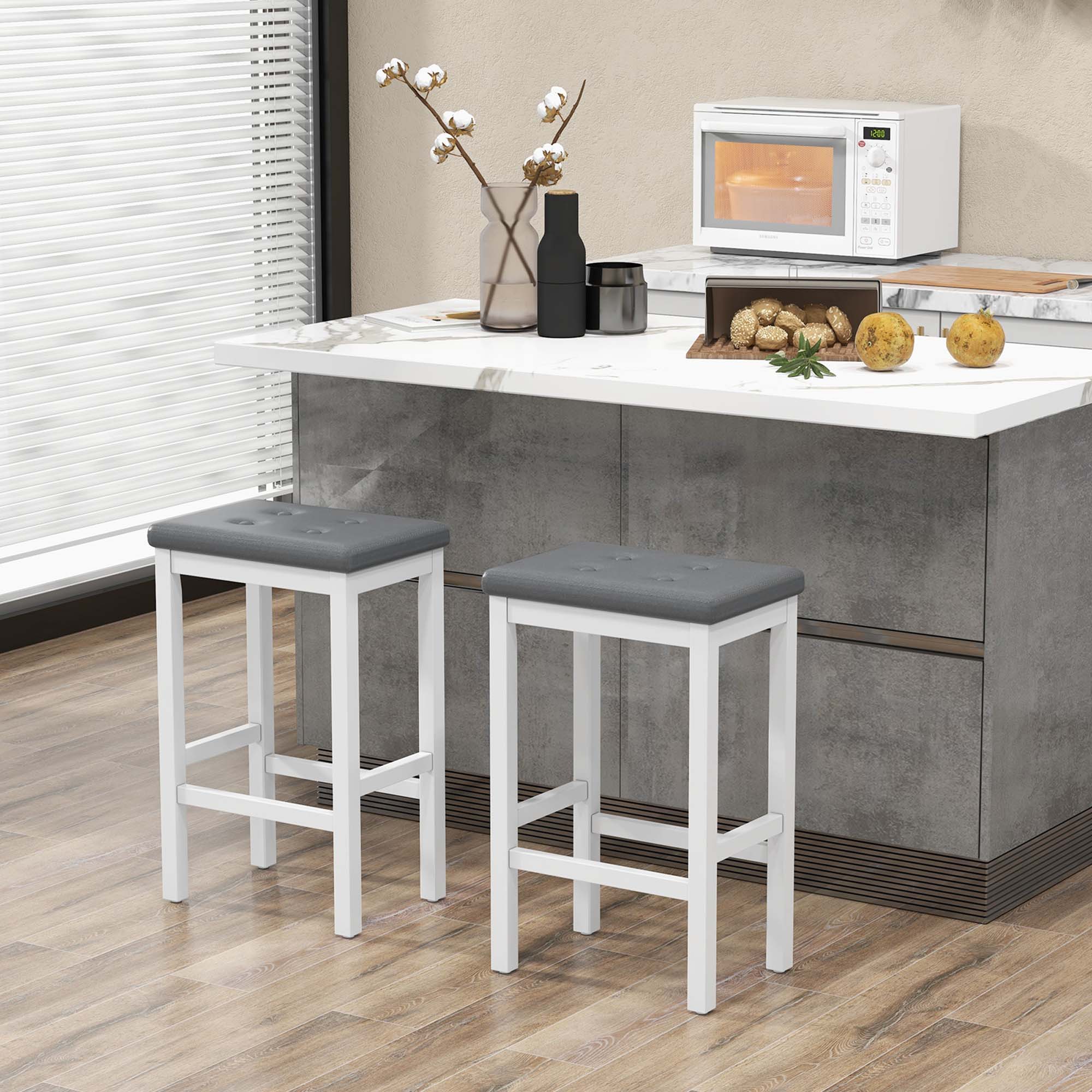 Alt View 1. Costway - Set of 2 Rubber Wood Bar Stools 24" Counter Height Stool with Padded Seat, Footrest - Gray & White.