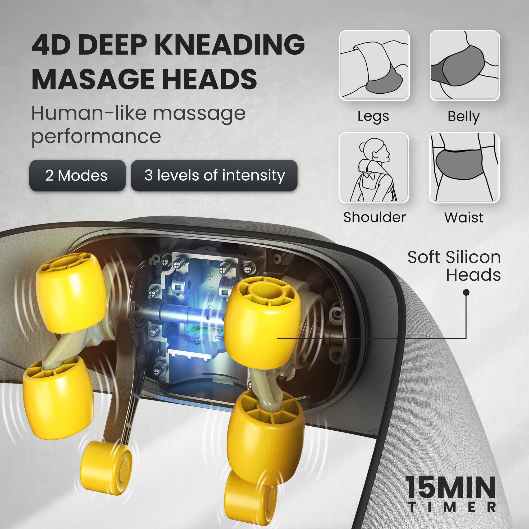 4D DEEP KNEADING MASSAGE HEADS Human-like massage performance 2 Modes 3 levels of intensity Legs Belly Shoulder Waist Soft Silicon Heads 15MIN TIMER