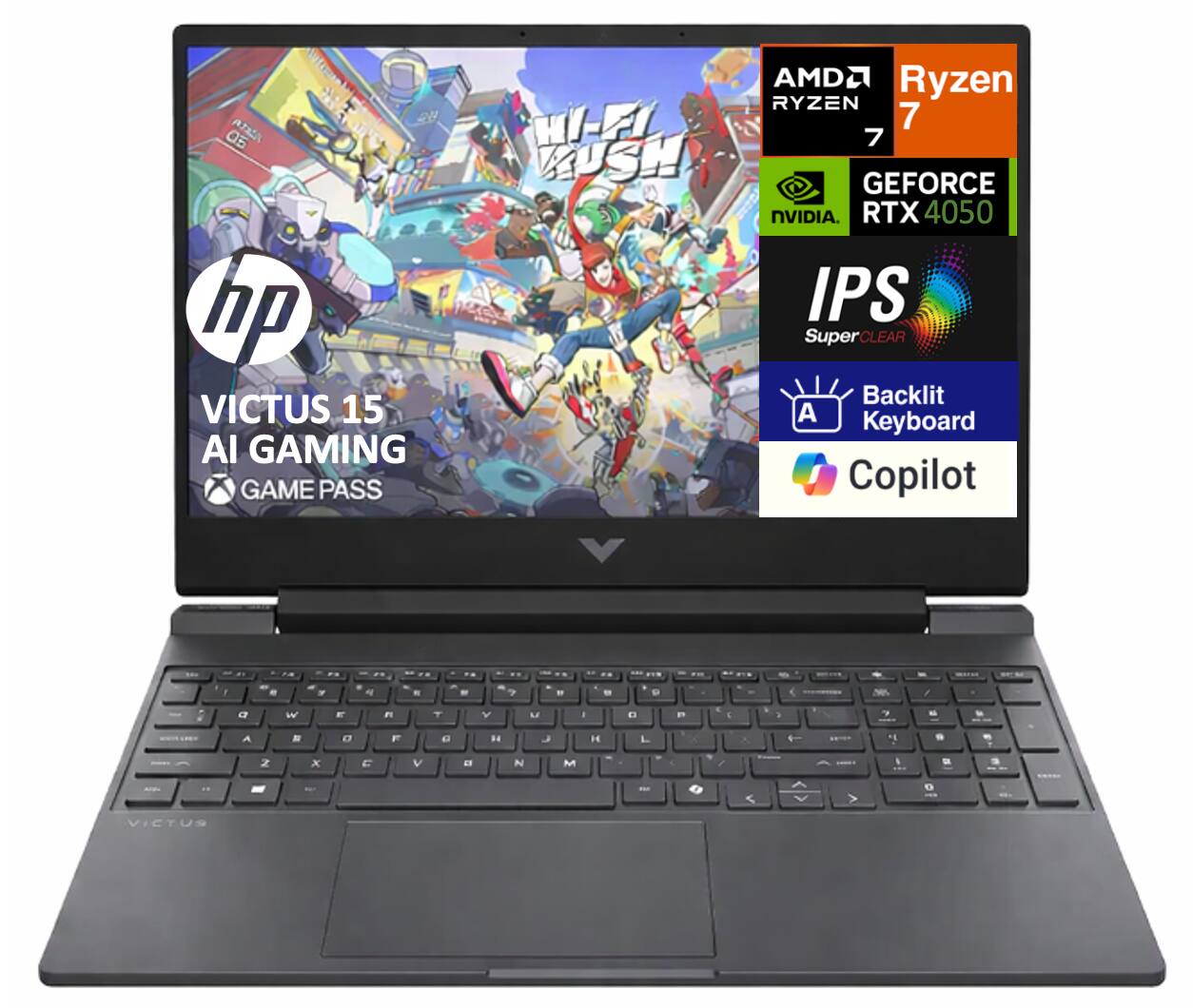HP VICTUS 15 AI GAMING  
GAME PASS  
AMD Ryzen 7  
NVIDIA GeForce RTX 4050  
IPS SuperCLEAR  
Backlit Keyboard  
Copilot