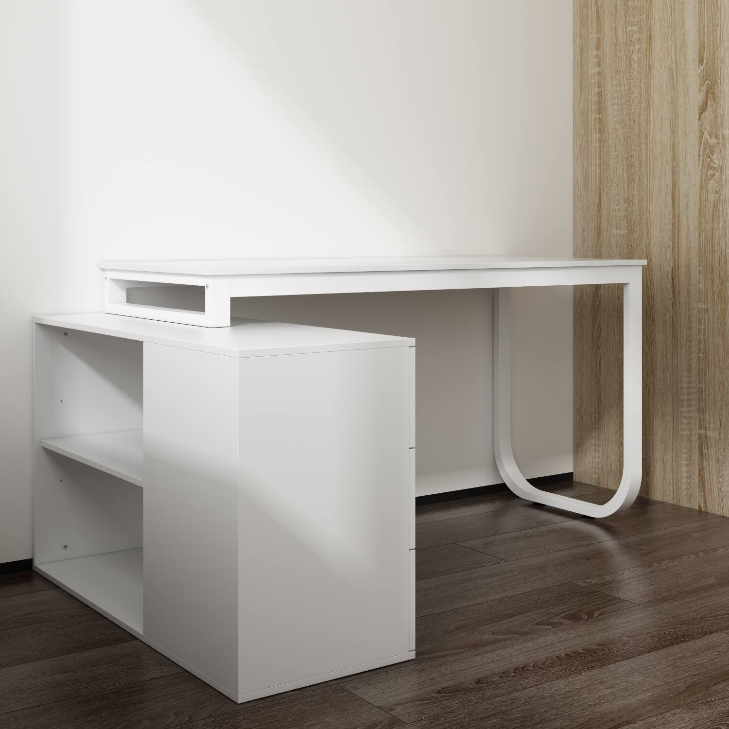 Left. Famapy - Famapy L - Shaped Computer Desk with Multi - Color Options: Ample Storage & Sturdy U - Frame for Home Office/Gaming - White.