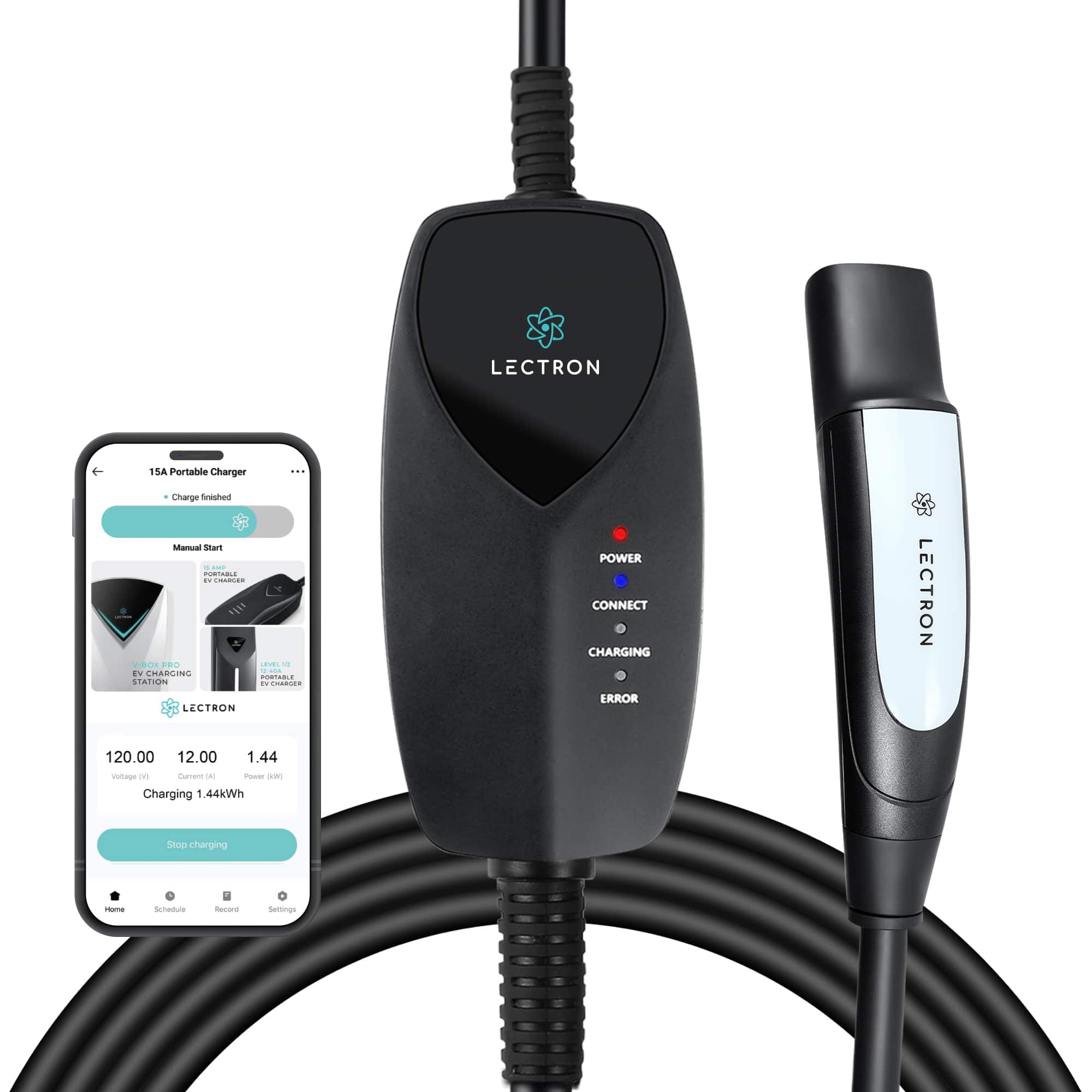 Lectron - App Control (WiFi) Portable Tesla Level 1 NEMA 5-15 Electric Vehicle (EV) Charger- up to 12A- 16' - Black - Front_Zoom